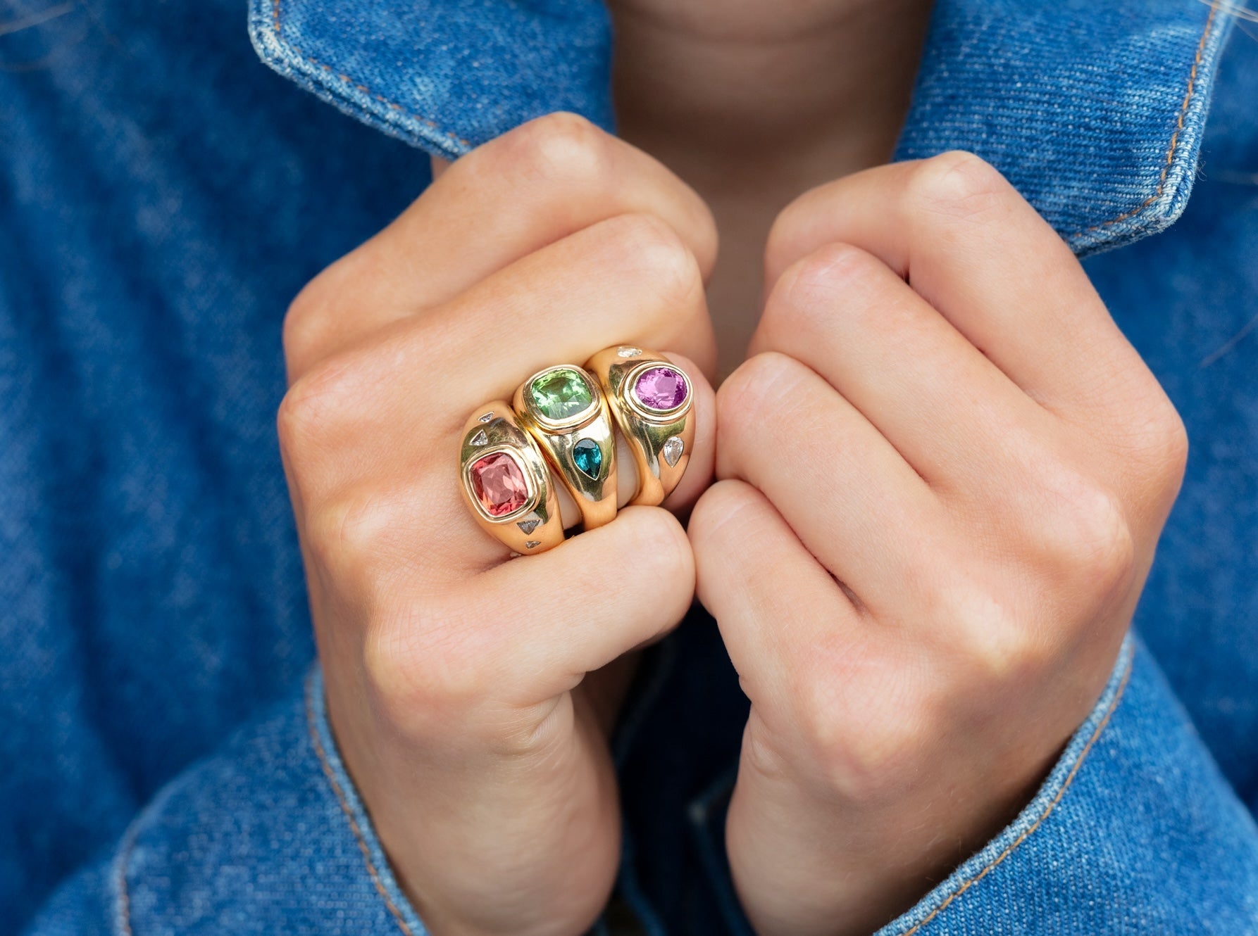 Solid gold and gemstone rings by Serena Ansell