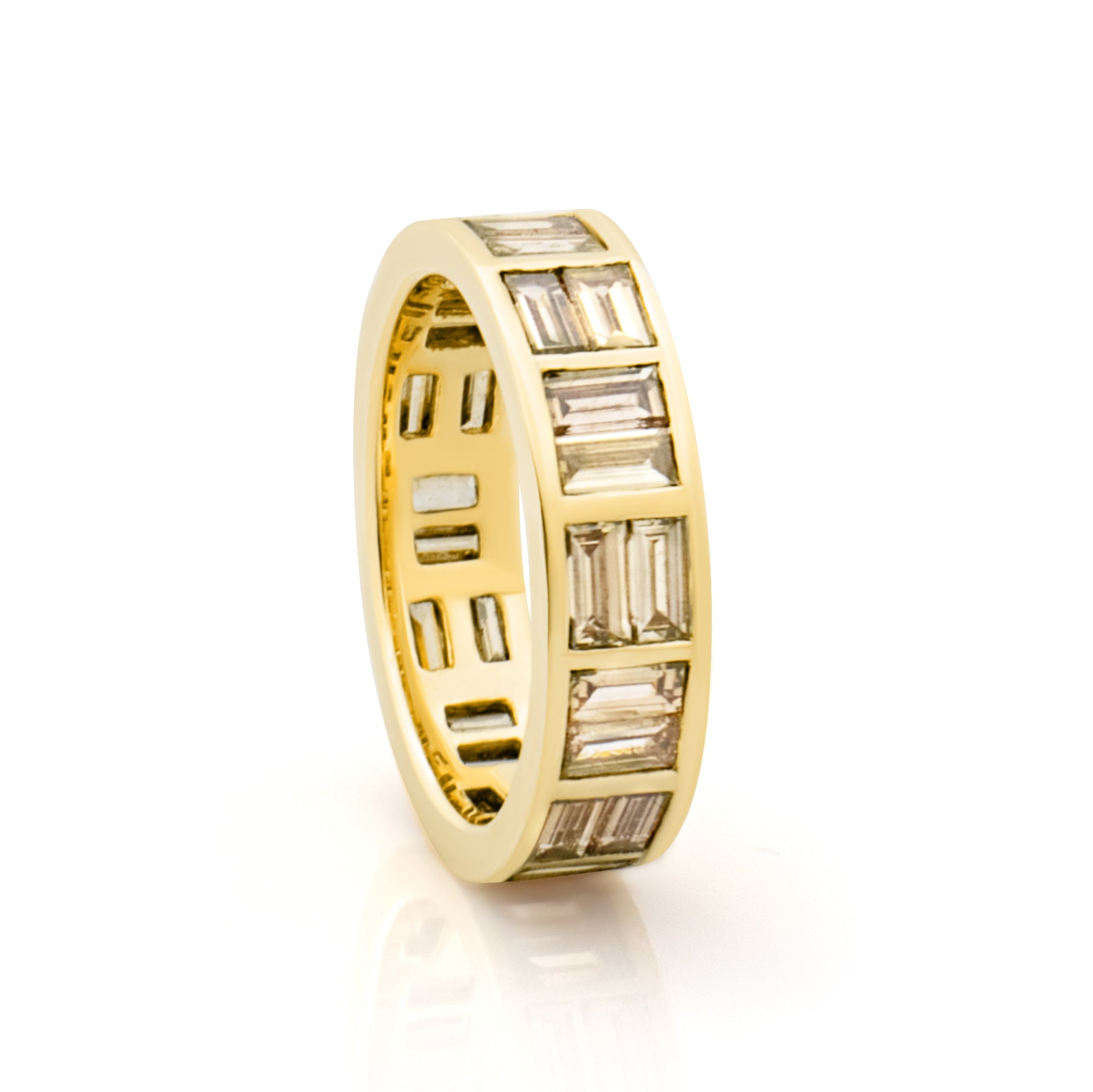 Brown Diamond Ring. Golden Diamonds. Brickwork Baguette Diamond Ring. Diamond ring. Diamond band. Gold and Diamond eternity ring. Brown Diamond eternity ring. Art Deco eternity ring. Gold diamond ring. Diamond wedding band.