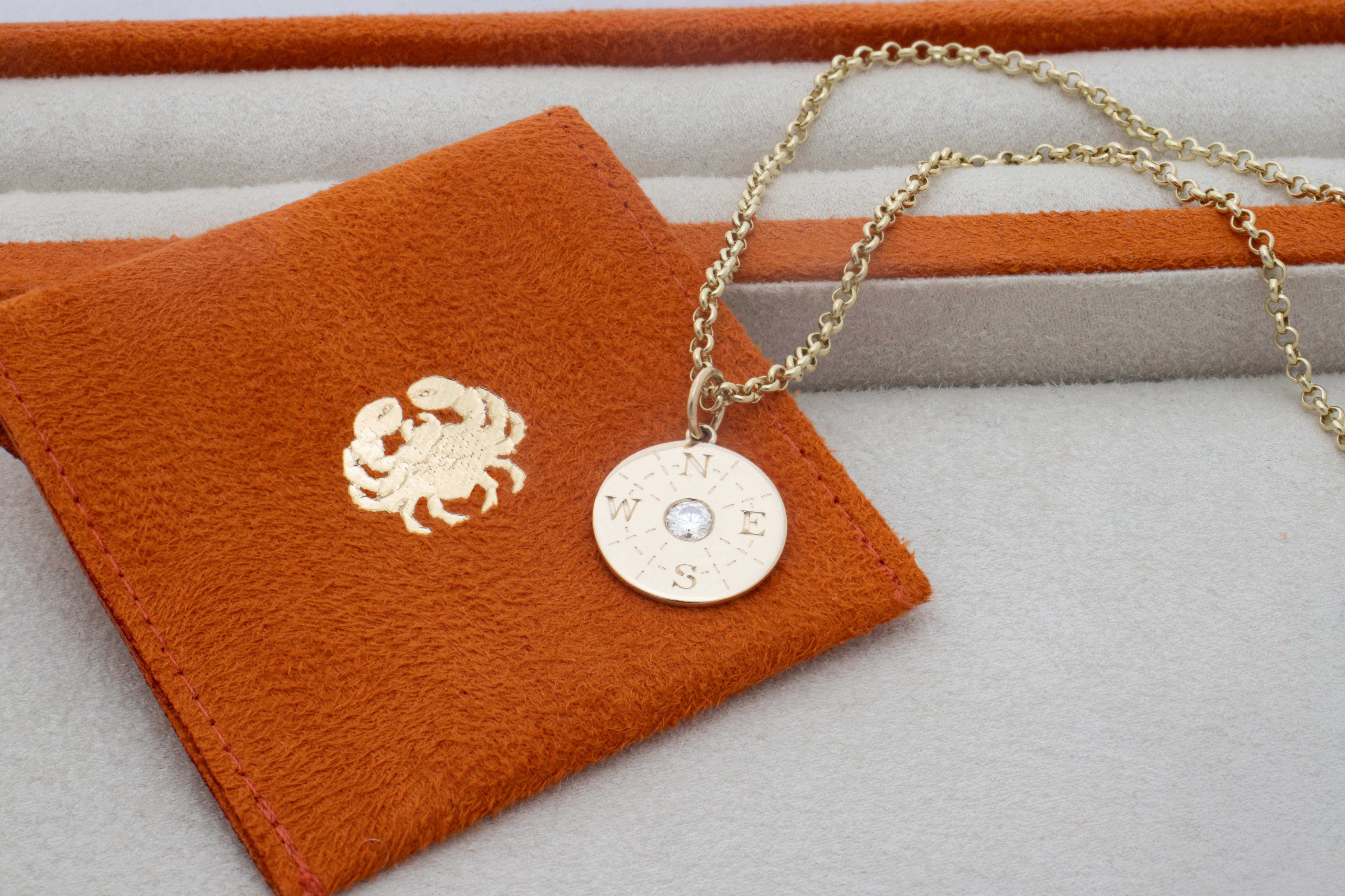 Compass pendant. Diamond pendant. Gold disc pendant. Engraved pendant. Solid gold disc pendant.