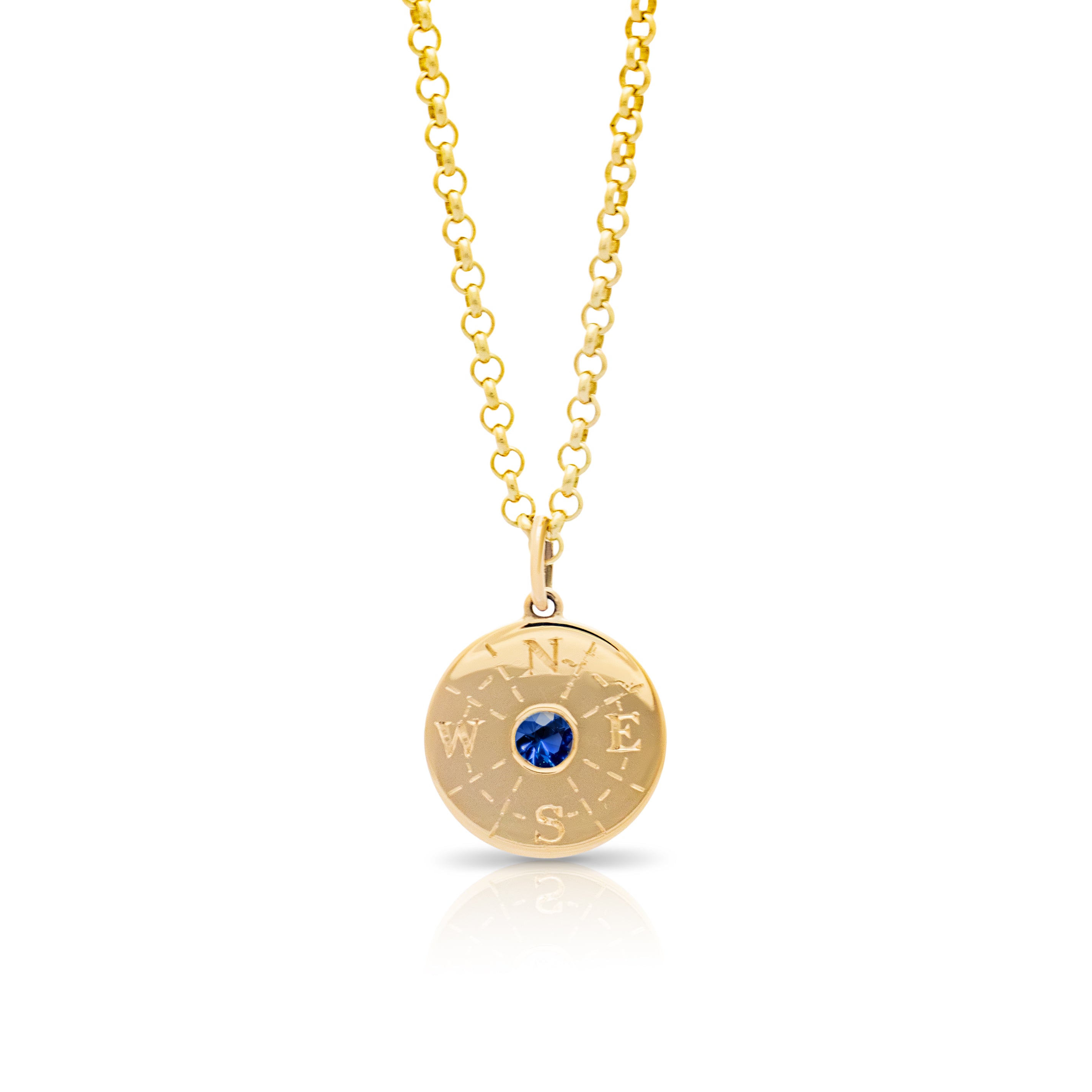 Compass pendant. Sapphire pendant. Gold disc pendant. Engraved pendant. Solid gold disc pendant.