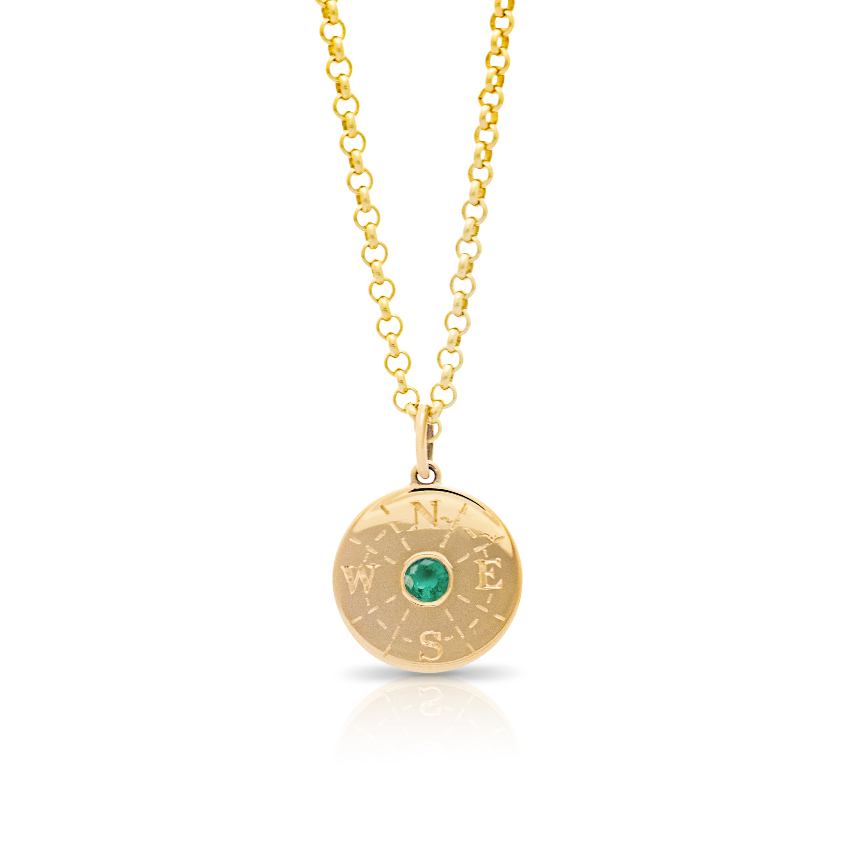 Compass pendant. Emerald pendant. Gold disc pendant. Engraved pendant. Solid gold disc pendant.