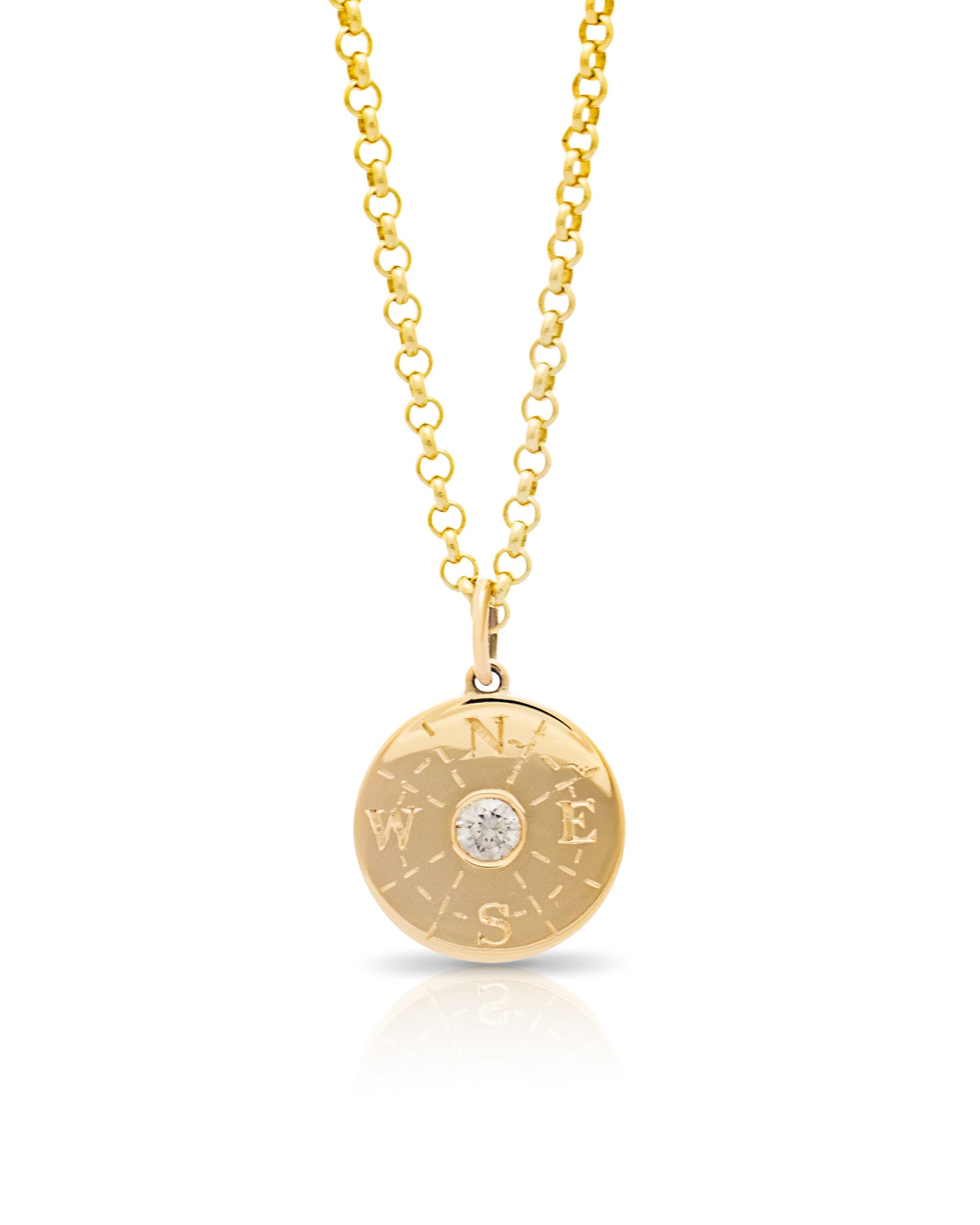 Compass pendant. Diamond pendant. Gold disc pendant. Engraved pendant. Solid gold disc pendant.