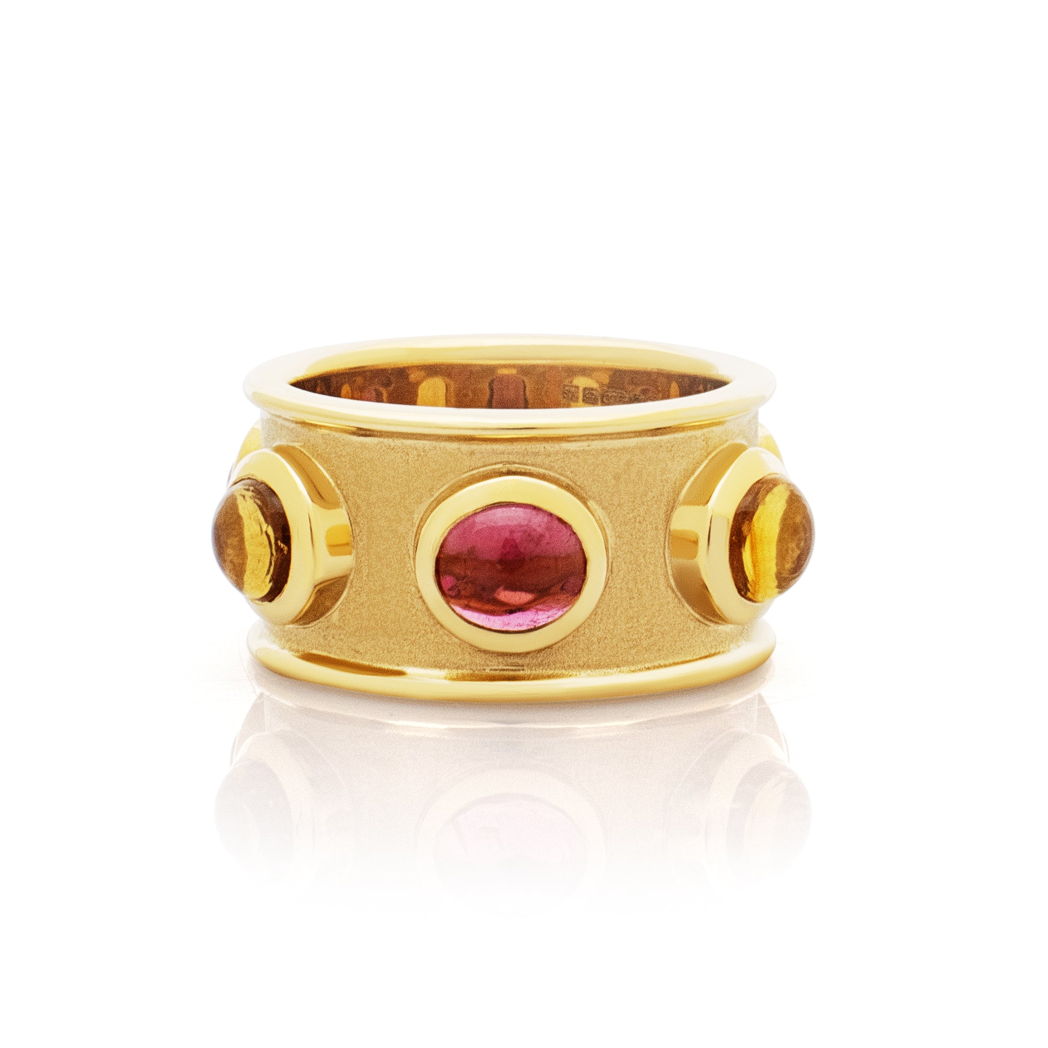 Pink tourmaline and citrine ring. Cabochon ring. Solid gold ring. Elizabethan style ring. Gemstone ring.