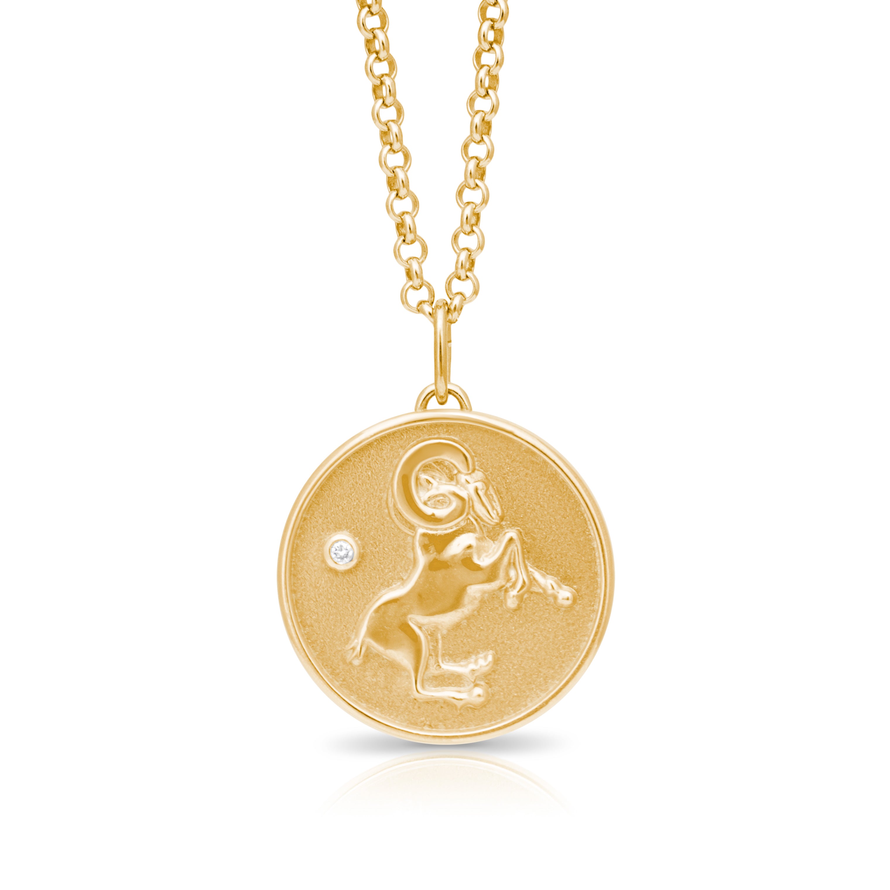 Aries Zodiac pendant. AriesZodiac necklace. Birthstone pendant. Birthstone jewellery. Medallion. Gold zodiac pendant. Solid gold and Diamond pendant. Disc pendant. Gold disc pendant.