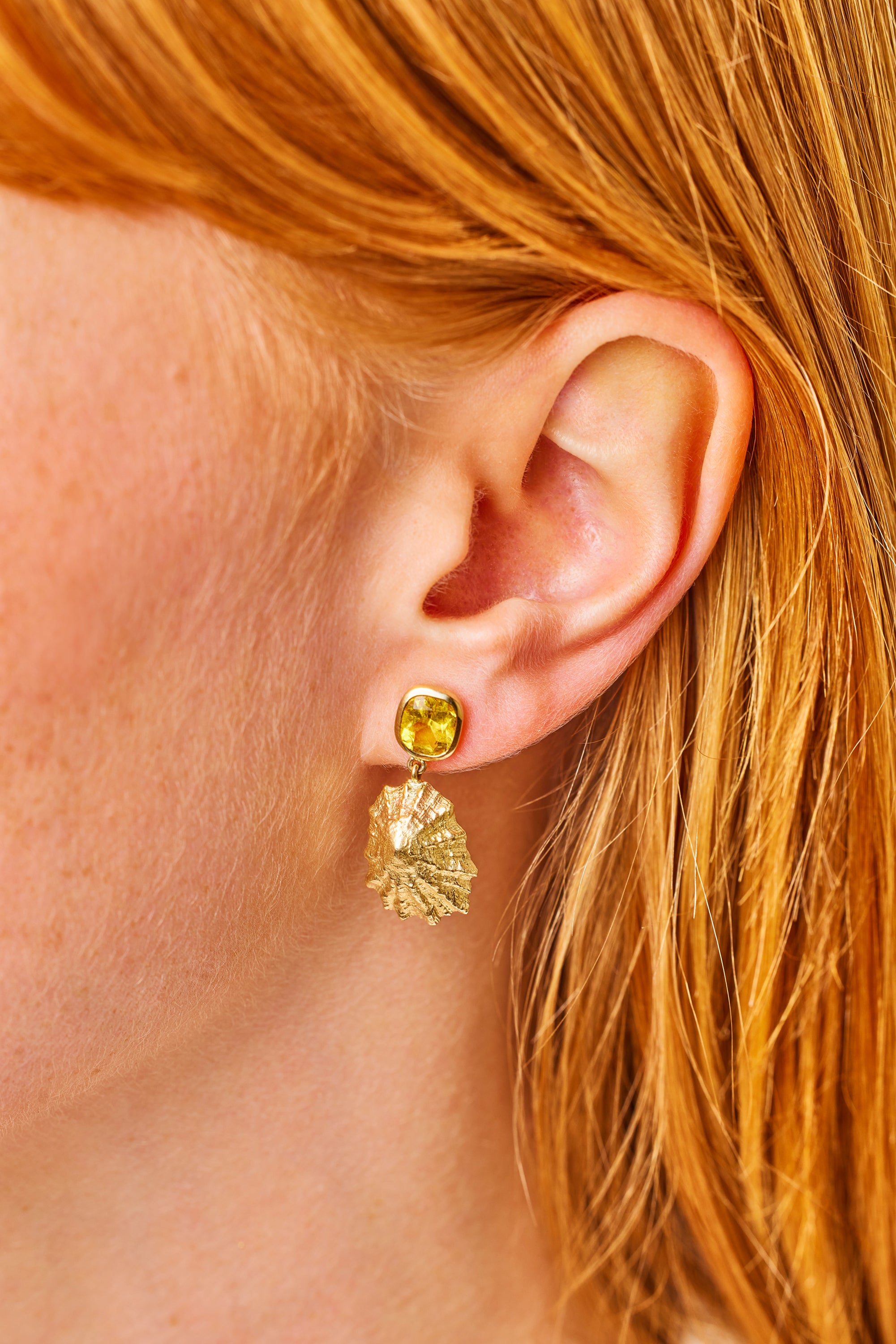 Limpet shell earrings. Gemstone shell earrings. Yellow gemstone earrings. Constantine Bay earrings. Cornwall jewellery. Cornwall shell jewellery.