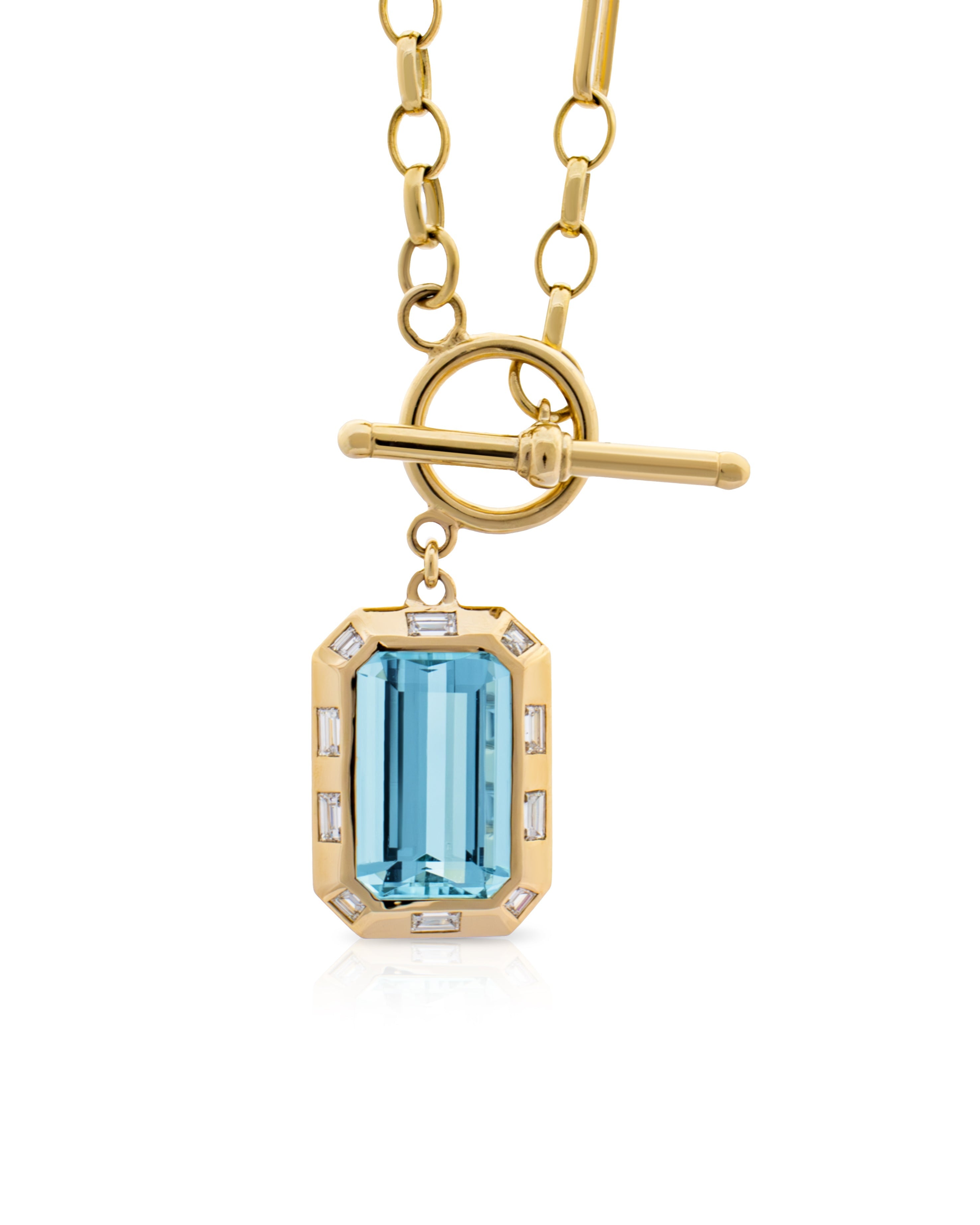 Aquamarine. Aquamarine necklace. Blue gemstone necklace. Big gemstone necklace. Diamond necklace. Blue gemstone and diamond necklace. Gemstone necklace. T-bar necklace. Gold necklace.