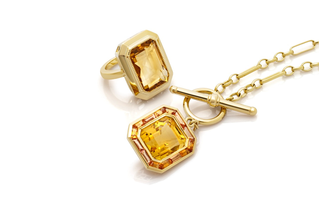 Citrine cocktail ring. T-bar necklace. Heirloom gemstones. Heirloom jewellery redesign. Serena Ansell Bespoke jewellery design. Old jewellery redesign. Bespoke jeweller London.