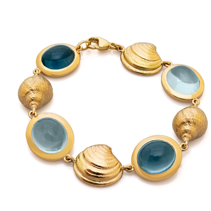 Bespoke Topaz cabochon bracelet. Gemstone bracelet. Sea-themed bracelet. Gold shell bracelet. Nautical bracelet.