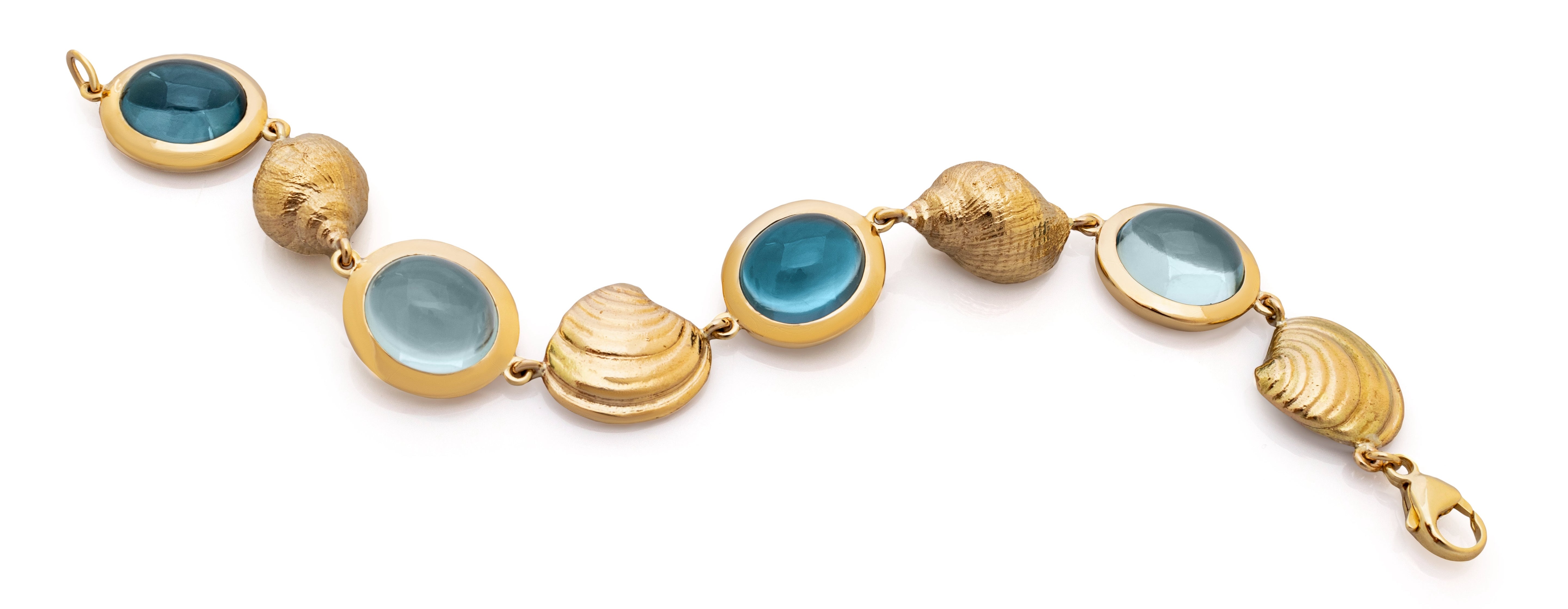 Bespoke bracelet. Topaz cabochon bracelet. Gemstone bracelet. Big gemstone bracelet. Sea-themed bracelet. Gold shell bracelet. Nautical bracelet.