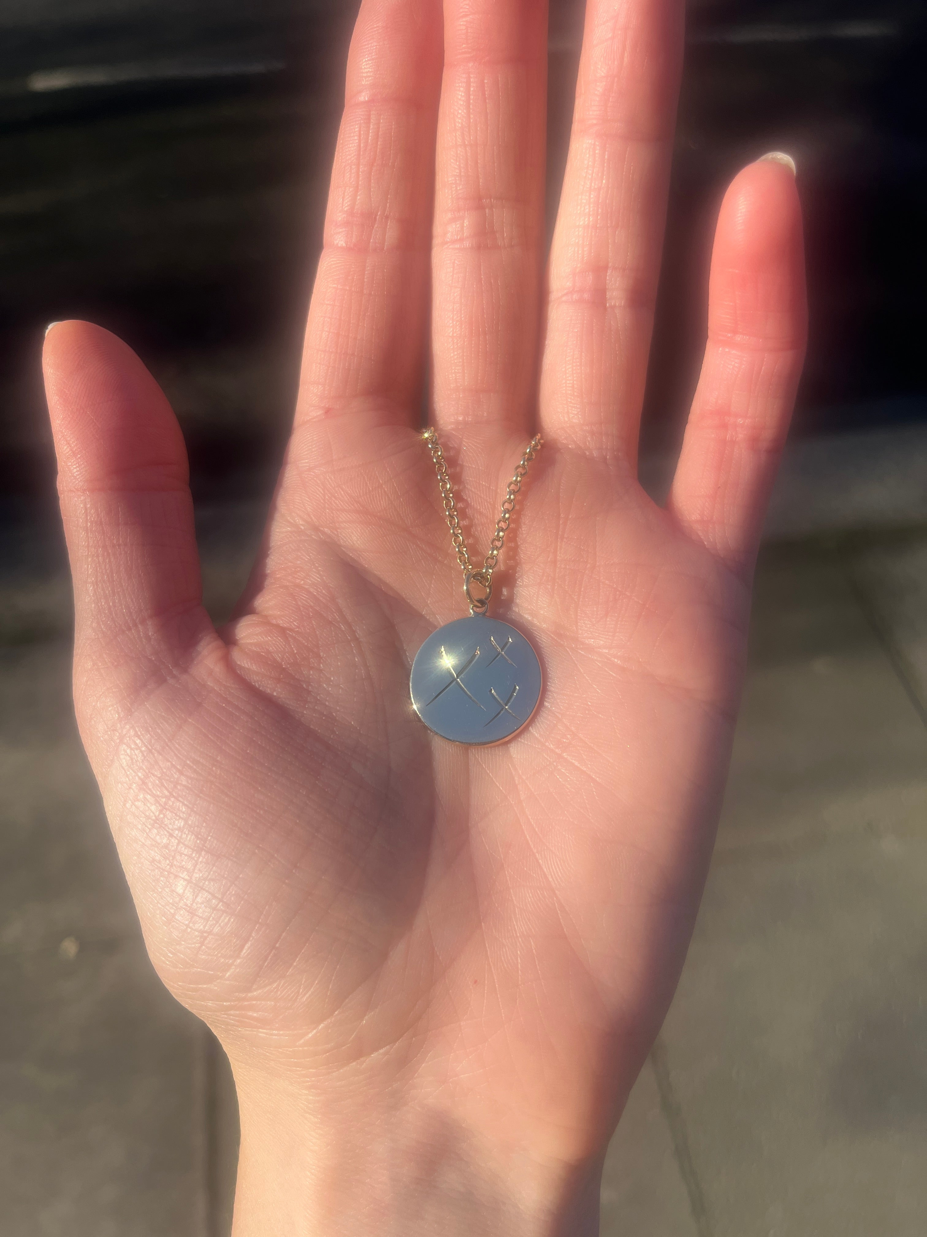 Binding Token. X pendant. Gold disc pendant. Gold pendant.