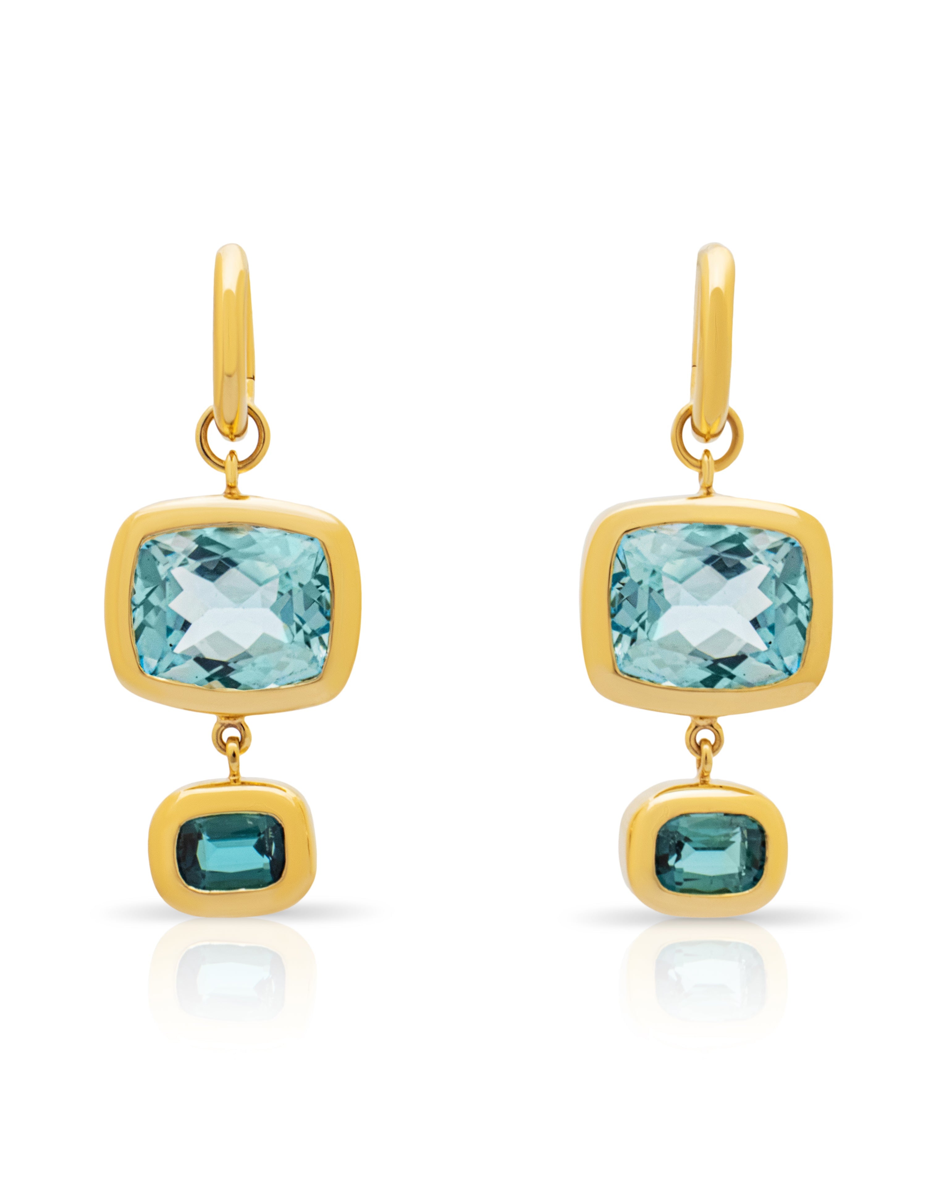 Blue Topaz and Tourmaline earrings. Blue gemstone earrings. Big earrings. Statement earrings. Cocktail earrings. French 75 cocktail earrings. Cocktail jewellery. Double drop earrings.