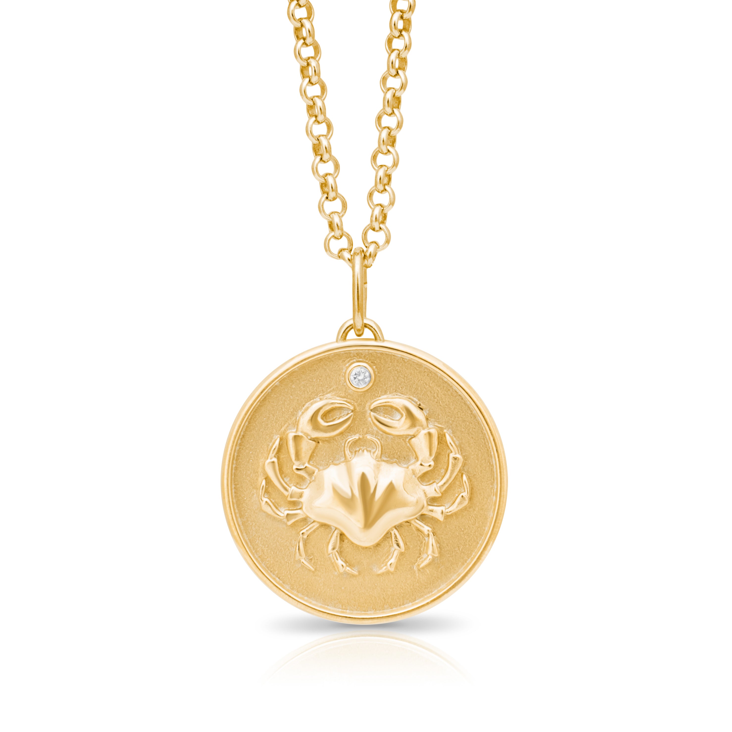 Cancer Zodiac pendant. Cancer Zodiac necklace. Birthstone pendant. Birthstone jewellery. Medallion. Gold zodiac pendant. Solid gold and Diamond pendant. Disc pendant. Gold disc pendant.