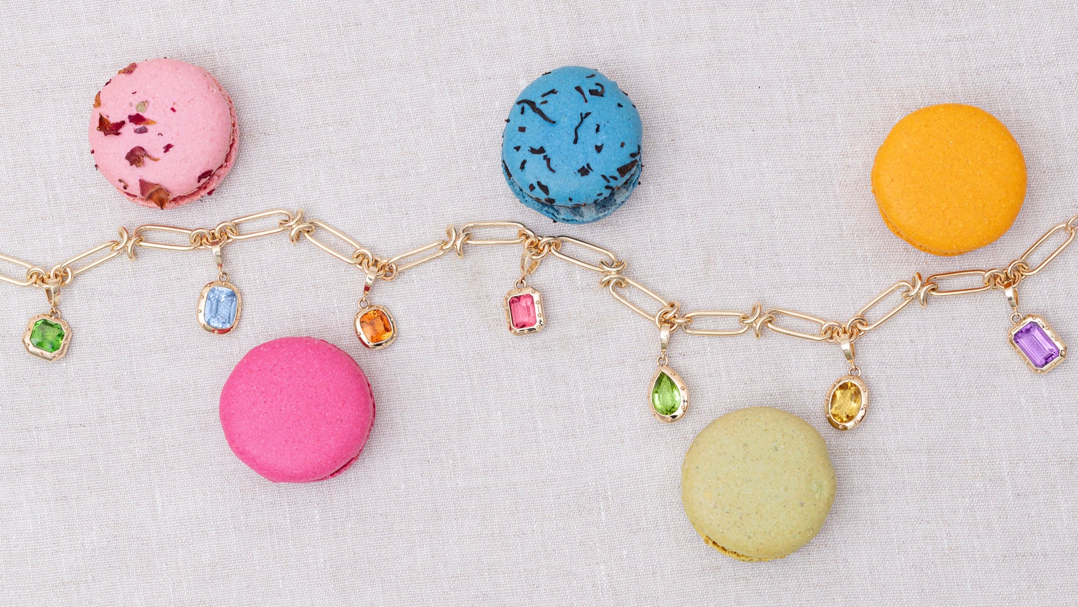 Chunky gold chain. Solid gold necklace. Charm necklace. Colourful gemstone pendants