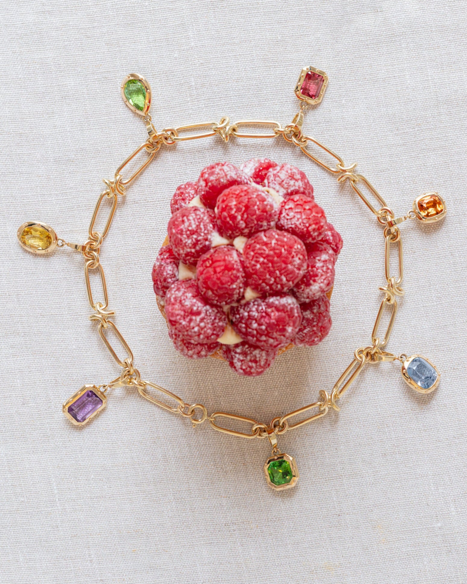 Chunky gold chain. Solid gold necklace. Charm necklace. Colourful gemstone pendants