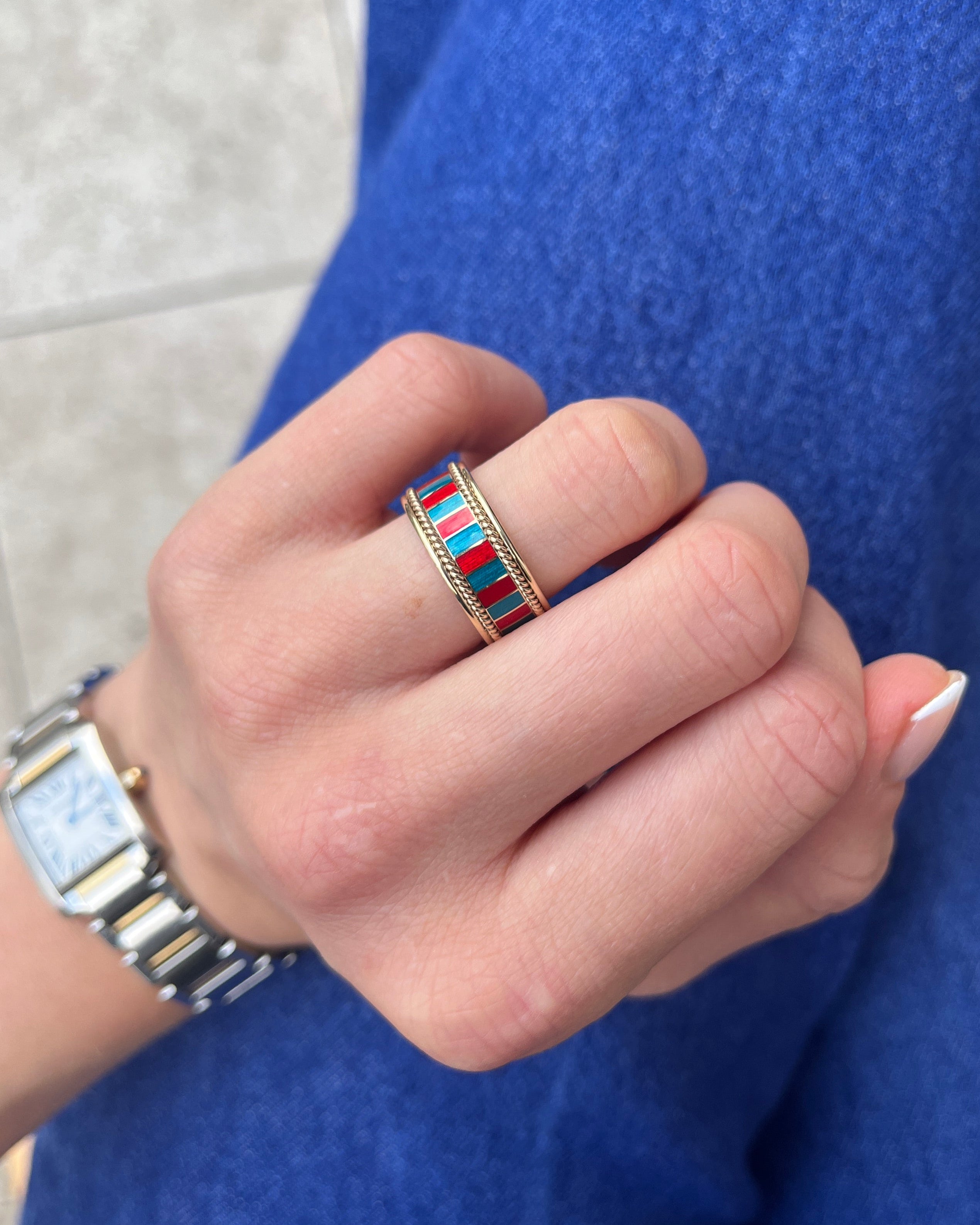Solid gold striped enamel ring. Enamel band. Elizabeth Gage. Serena Ansell