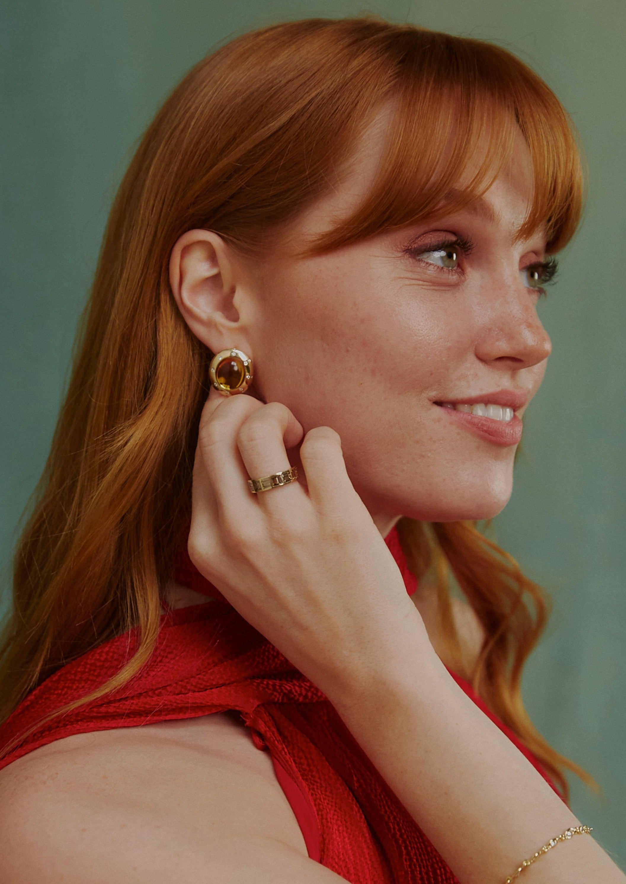 Cabochon earrings. Statement earrings. Big earrings. Yellow Obsession Earrings. Citrine and Diamond earrings. Yellow gemstone earrings. Brown Diamond earrings. Chunky gold earrings. Serena Ansell Fine Jewellery.