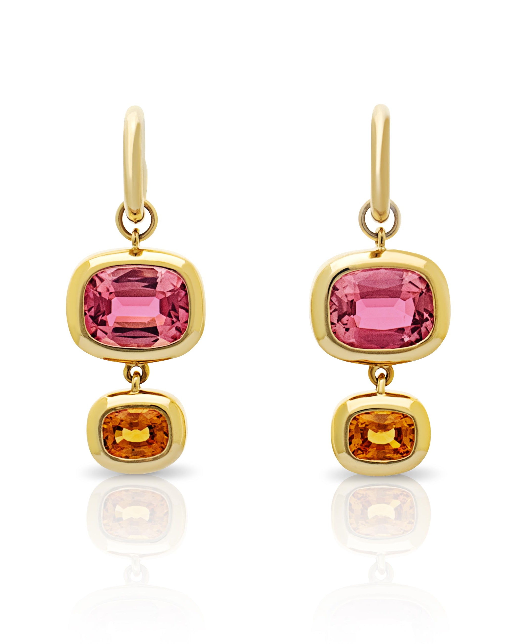Cosmopolitan earrings. Cocktail earrings. Colourful gemstone earrings. Pink tourmaline earrings. Spessartite garnet earrings. Pink and orange gemstone earrings. Gemstone drop earrings. Solid gold earrings.