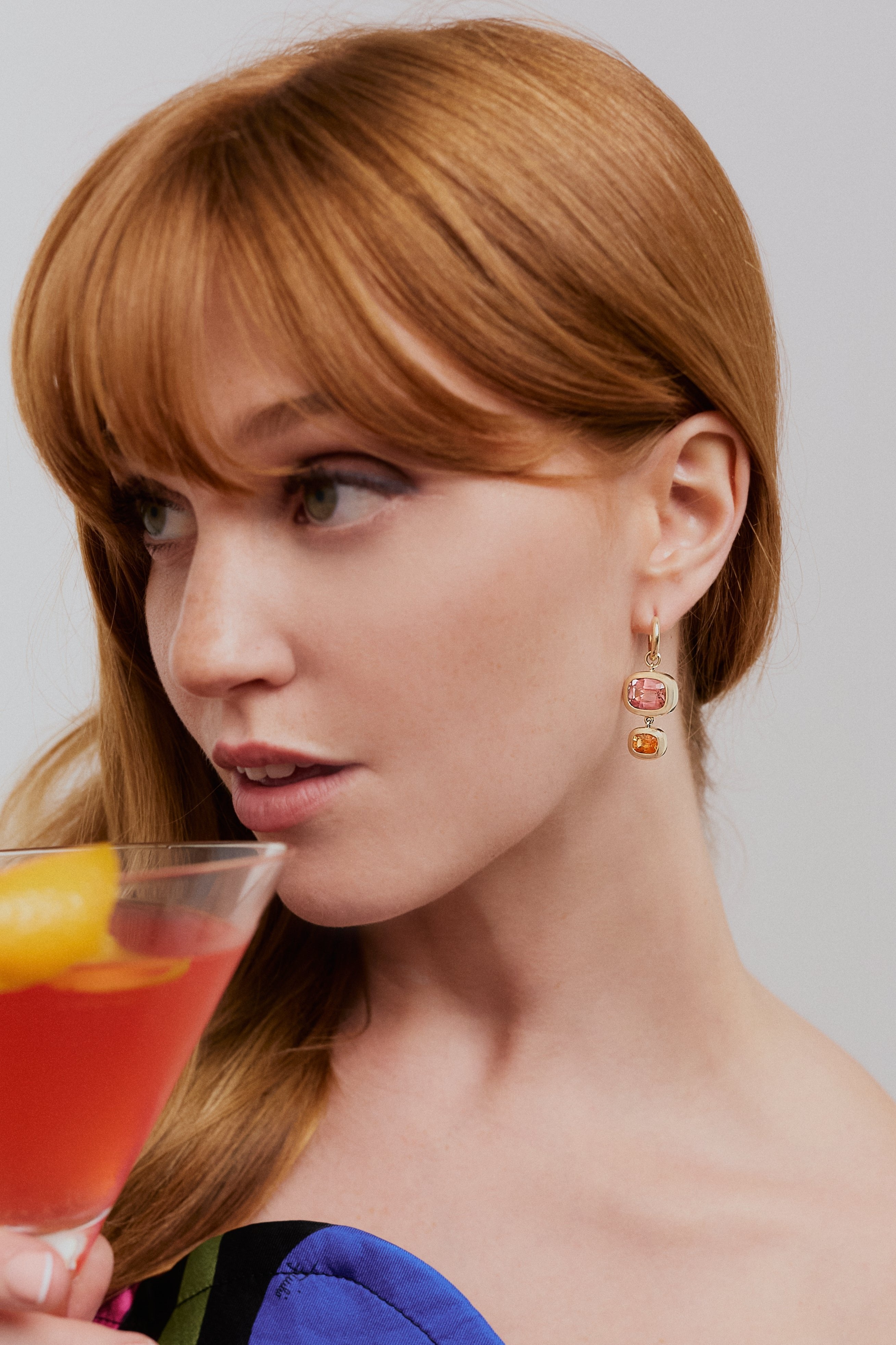 Cosmopolitan cocktail earrings. Pink and orange earrings. Pink gemstones. Pink tourmalines. Orange gemstones. Spessartite garnets. Gemstone earrings. Big earrings. Statement earrings. Gemstone drop earrings.