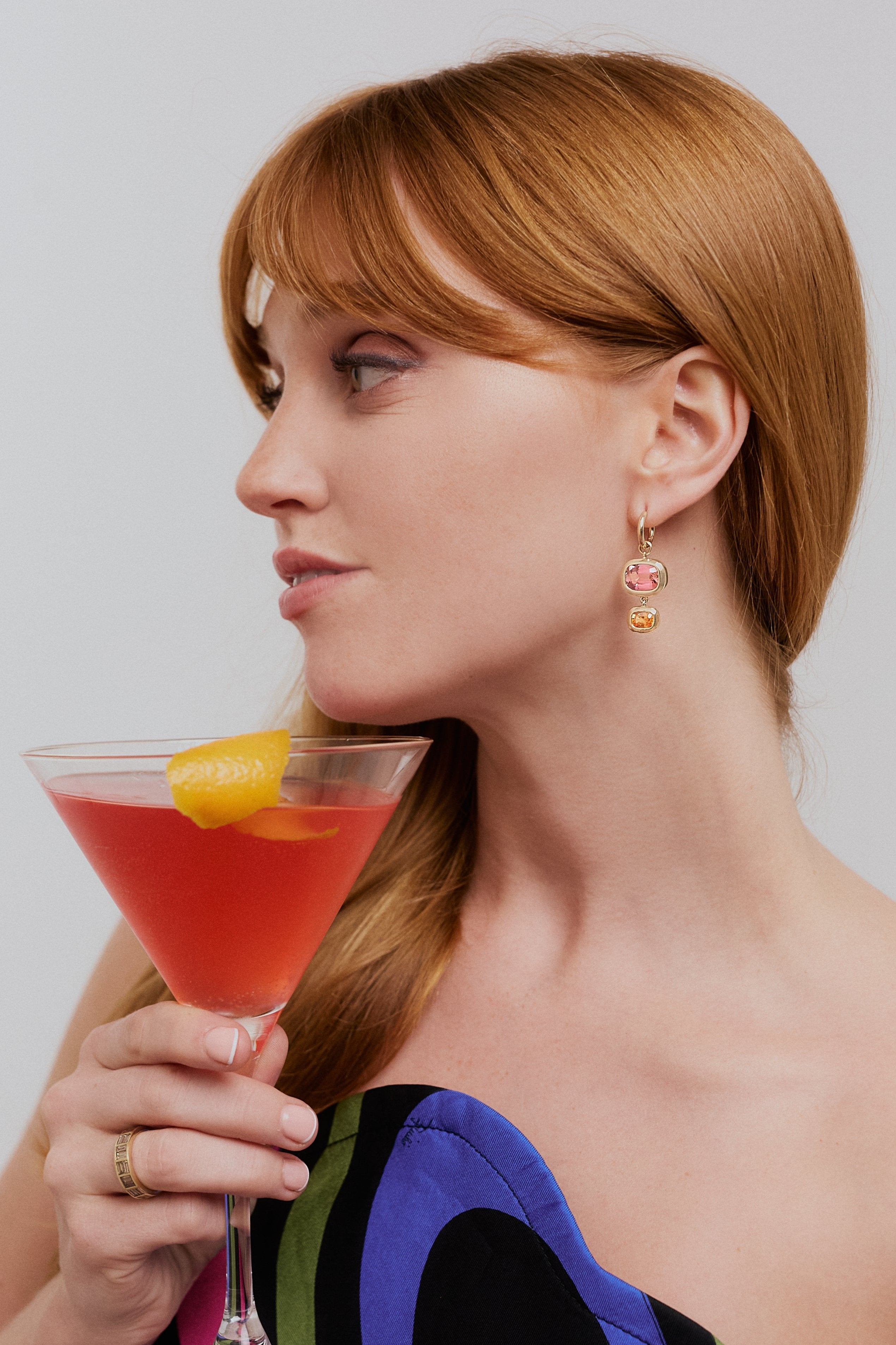 Cosmopolitan cocktail earrings. Pink and orange earrings. Pink gemstones. Pink tourmalines. Orange gemstones. Spessartite garnets. Gemstone earrings. Big earrings. Statement earrings. Gemstone drop earrings.