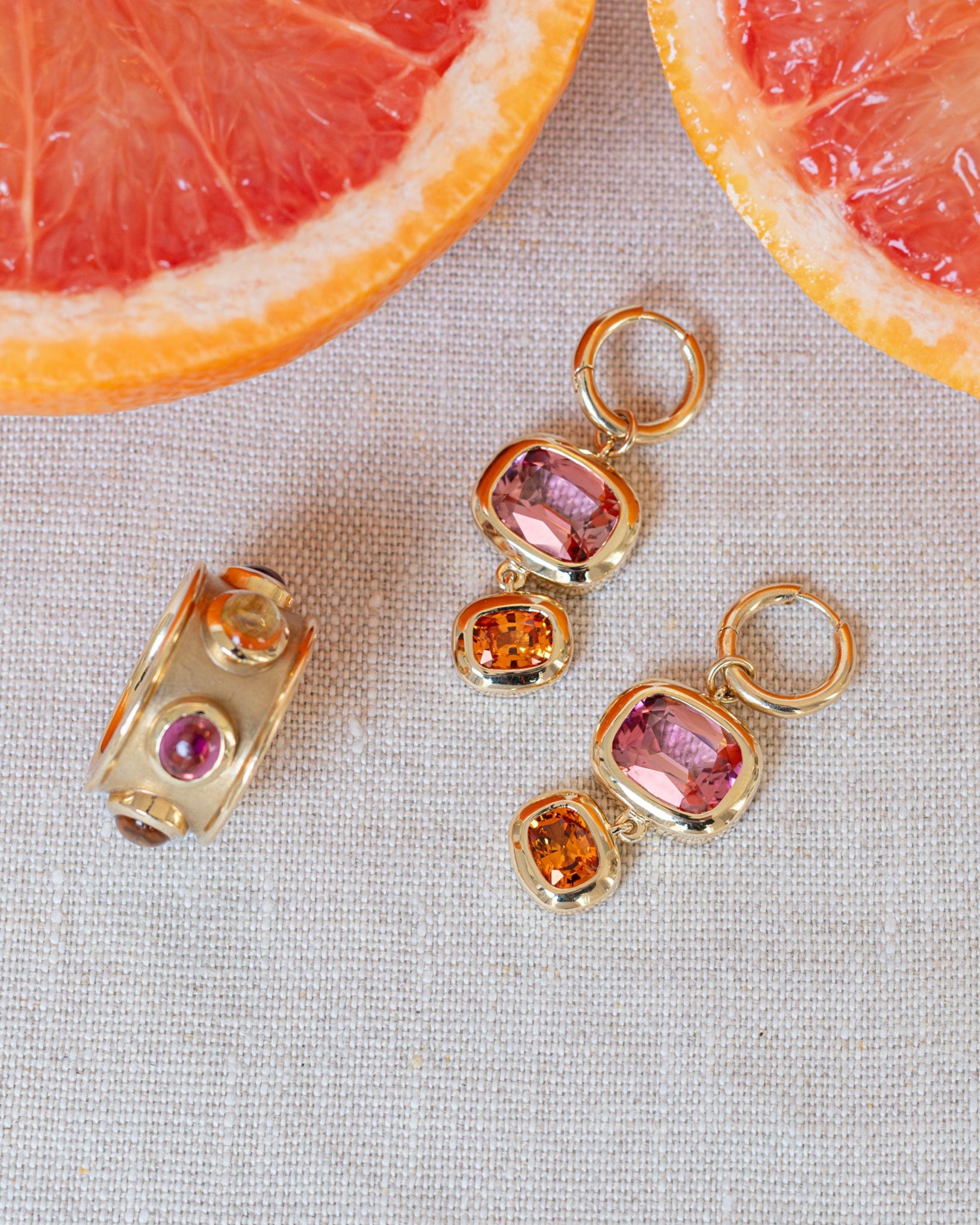 Cosmopolitan earrings. Cocktail earrings. Colourful gemstone earrings. Pink tourmaline earrings. Spessartite garnet earrings. Pink and orange gemstone earrings. Gemstone drop earrings. Solid gold earrings.