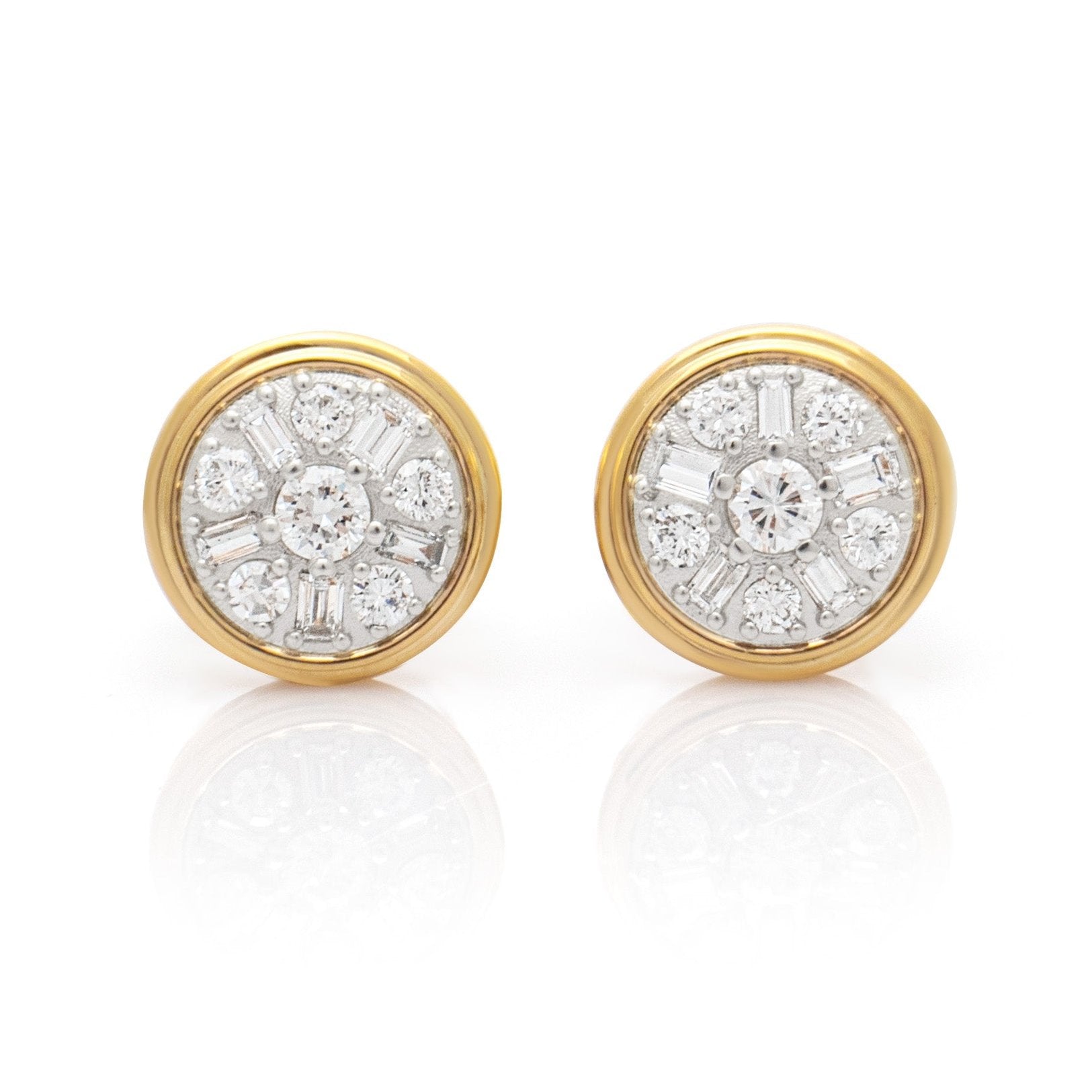Diamond Earrings. Baguette Diamond Earrings. Platinum and gold earrings. Disc earrings. Cluster earrings. Everyday earrings. Heirloom jewellery redesign. Upcycled jewellery. Recycled jewellery. Remodelled jewellery. Jewellery remodelling.