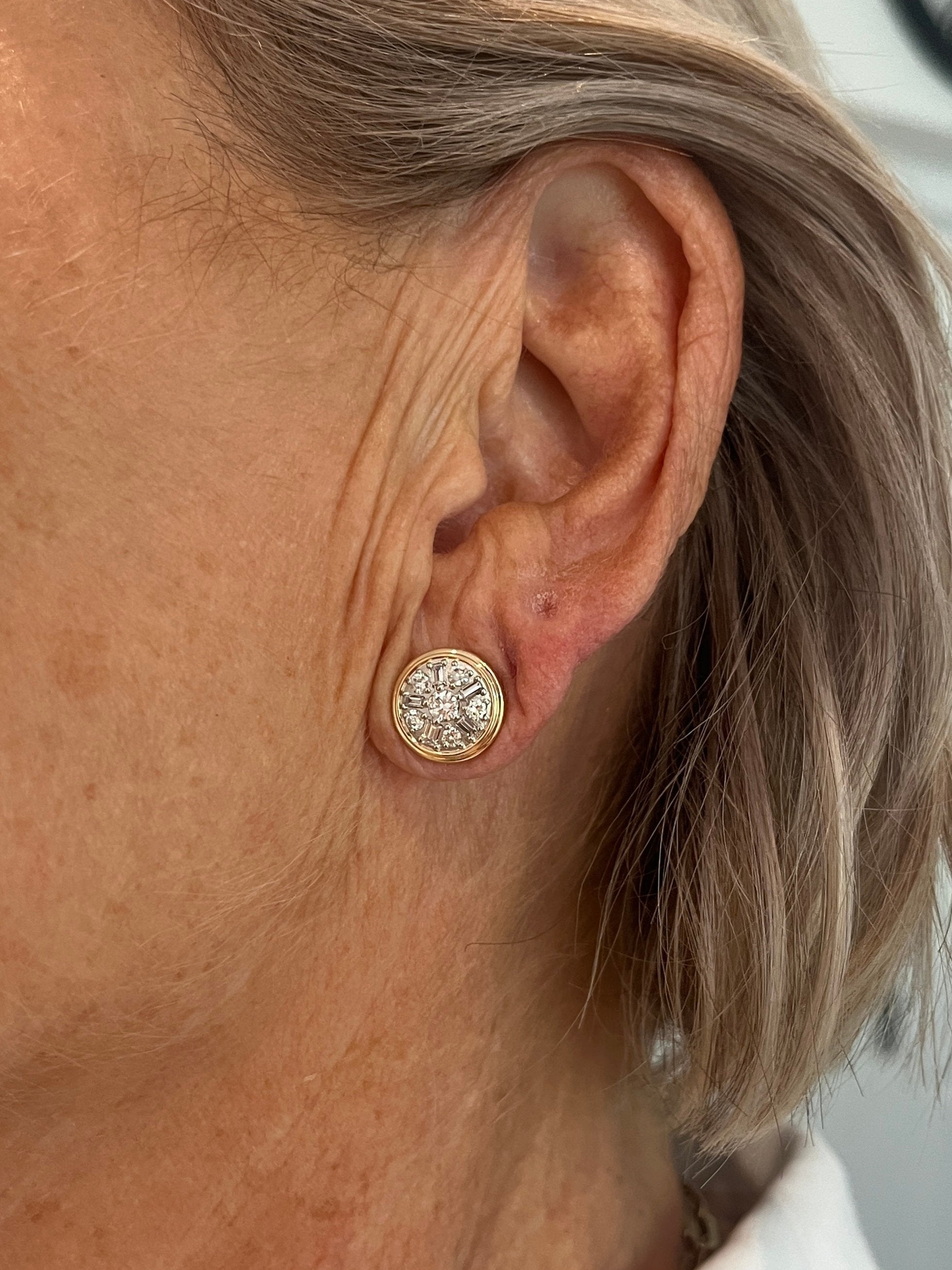 Diamond Earrings. Baguette Diamond Earrings. Platinum and gold earrings. Disc earrings. Cluster earrings. Everyday earrings. Heirloom jewellery redesign. Upcycled jewellery. Recycled jewellery. Remodelled jewellery. Jewellery remodelling.