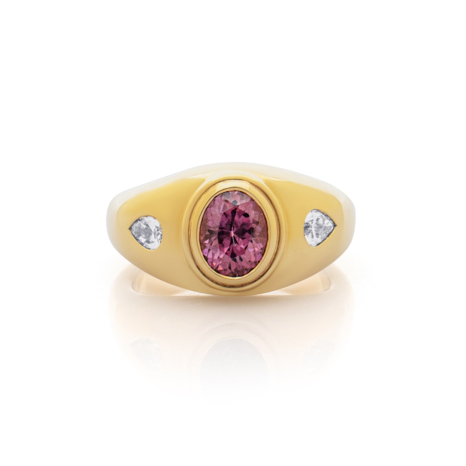 Rhodolite Garnet and Diamond ring. Diamond ring. Coloured Stone Ring. Bombé ring. Signet style ring. Gold ring. Chunky gold ring. Solid gold ring. Cocktail ring.