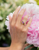 Rhodolite Garnet and Diamond ring. Diamond ring. Coloured Stone Ring. Bombé ring. Signet style ring. Gold ring. Chunky gold ring. Solid gold ring. Cocktail ring.