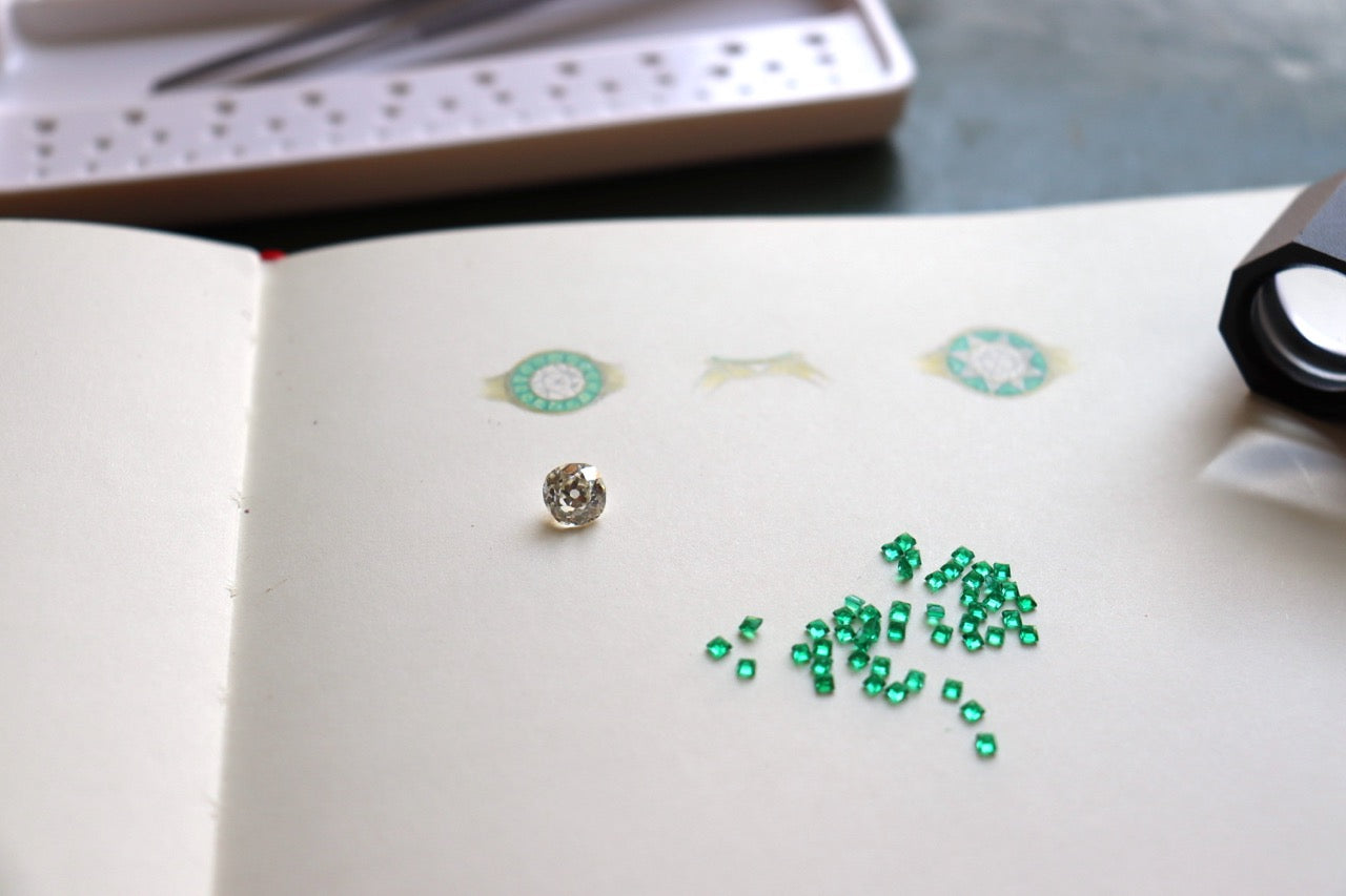 Bespoke engagement ring. Old cut Diamond ring. Diamond and emerald engagement ring. Heirloom jewellery redesign. Jewellery recycling. Jewellery upcycling. Repurpose jewellery.