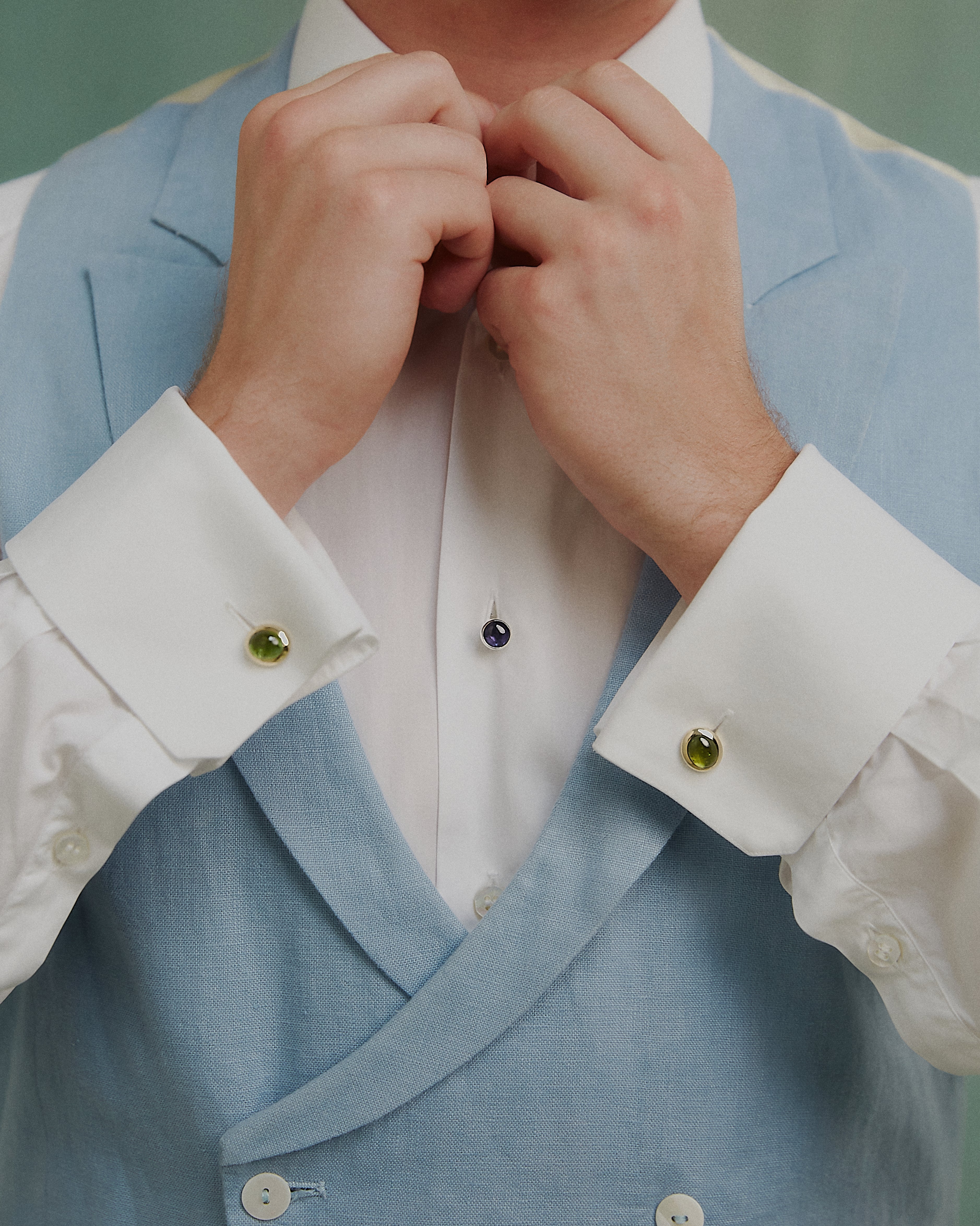 Cabochon cufflinks. Gemstone cufflinks. Gold cufflinks. Handmade cufflinks. Green tourmaline cabochon.