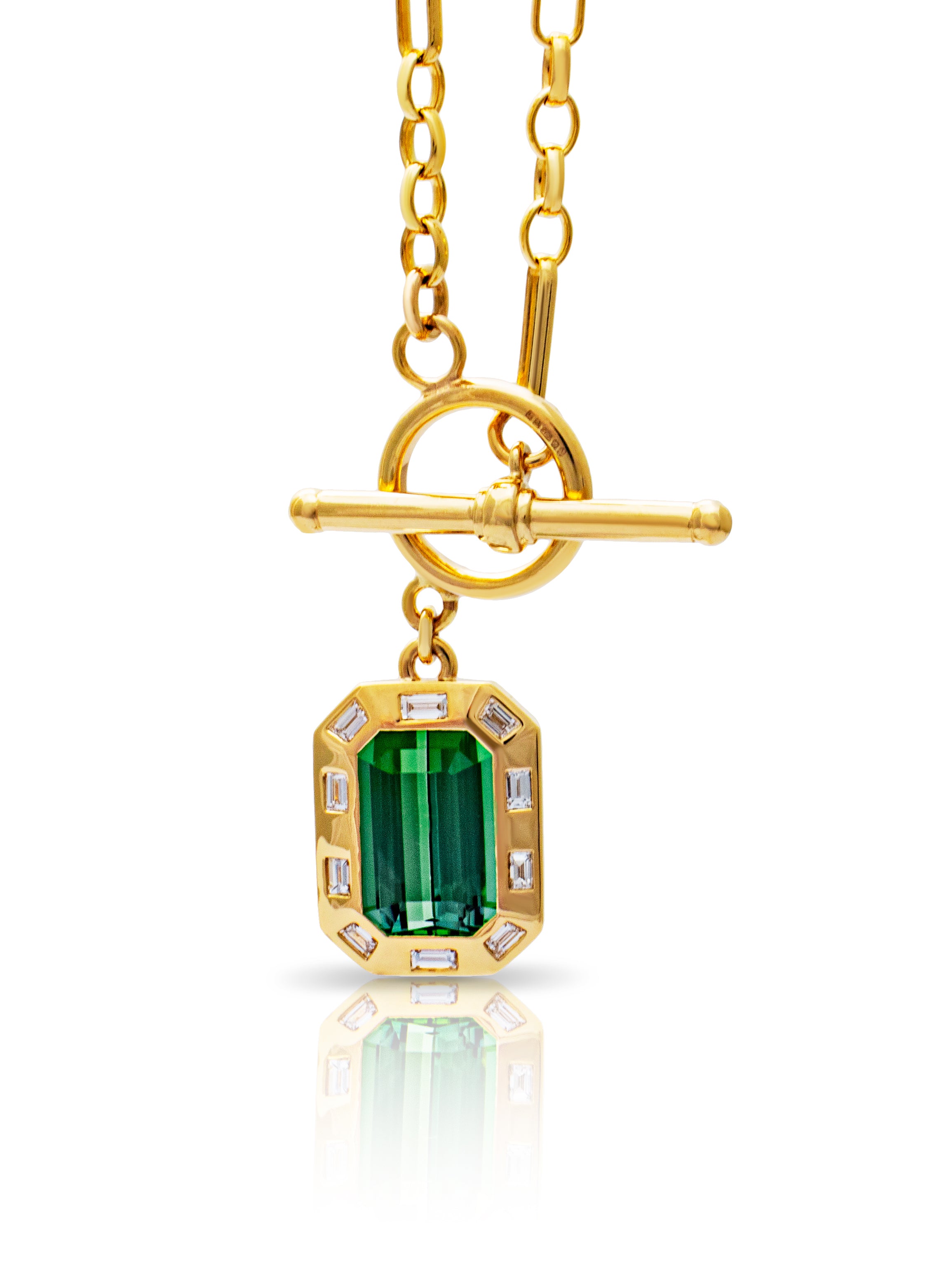 Green Tourmaline jewellery. Green Tourmaline necklace. Green gemstone necklace. Big gemstone necklace. Diamond necklace. Green gemstone and diamond necklace. Gemstone necklace. T-bar necklace. Gold necklace.