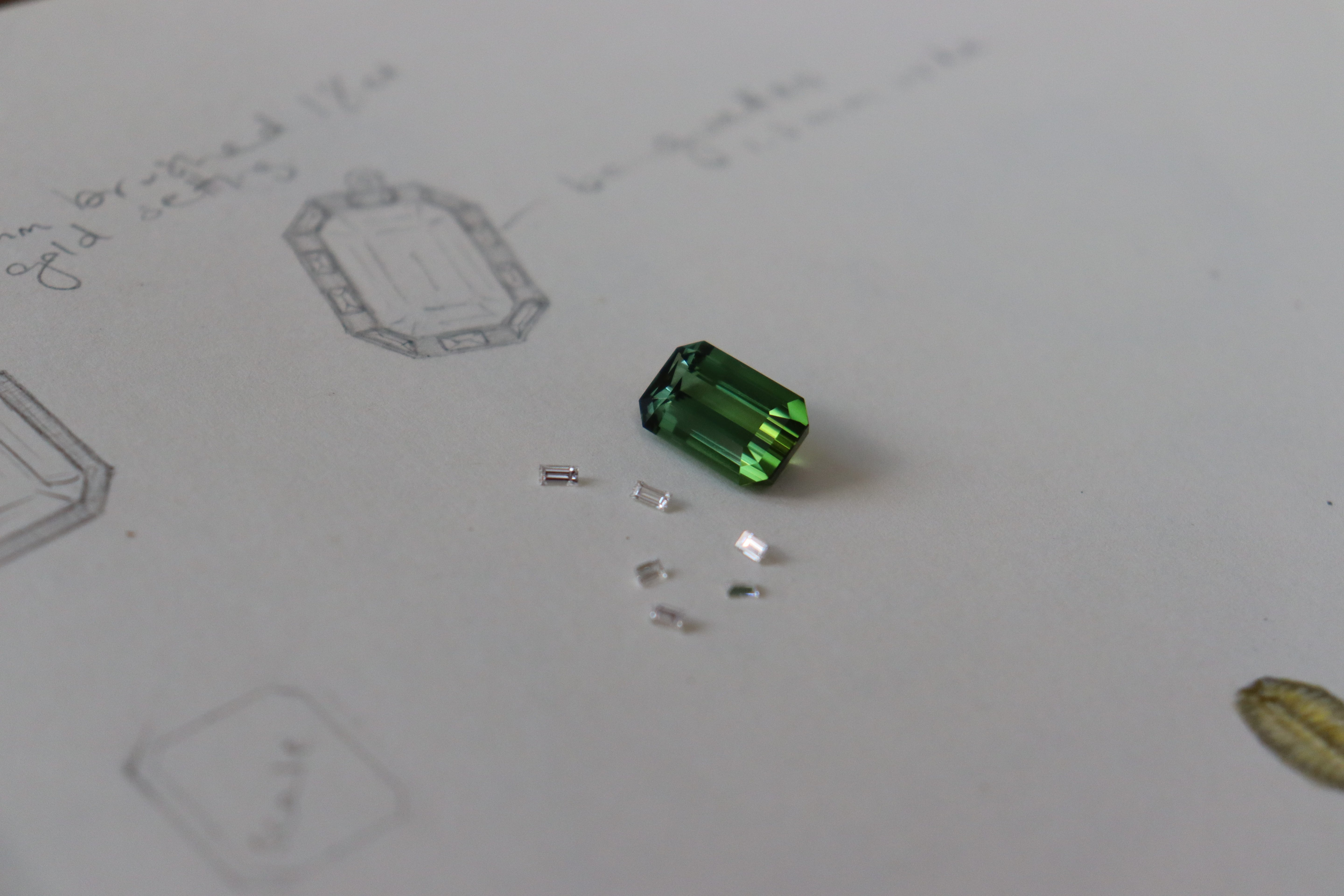 Green Tourmaline and Diamond T-bar design. Jewellery designer. Bespoke Jewellery. London jewellery designer.