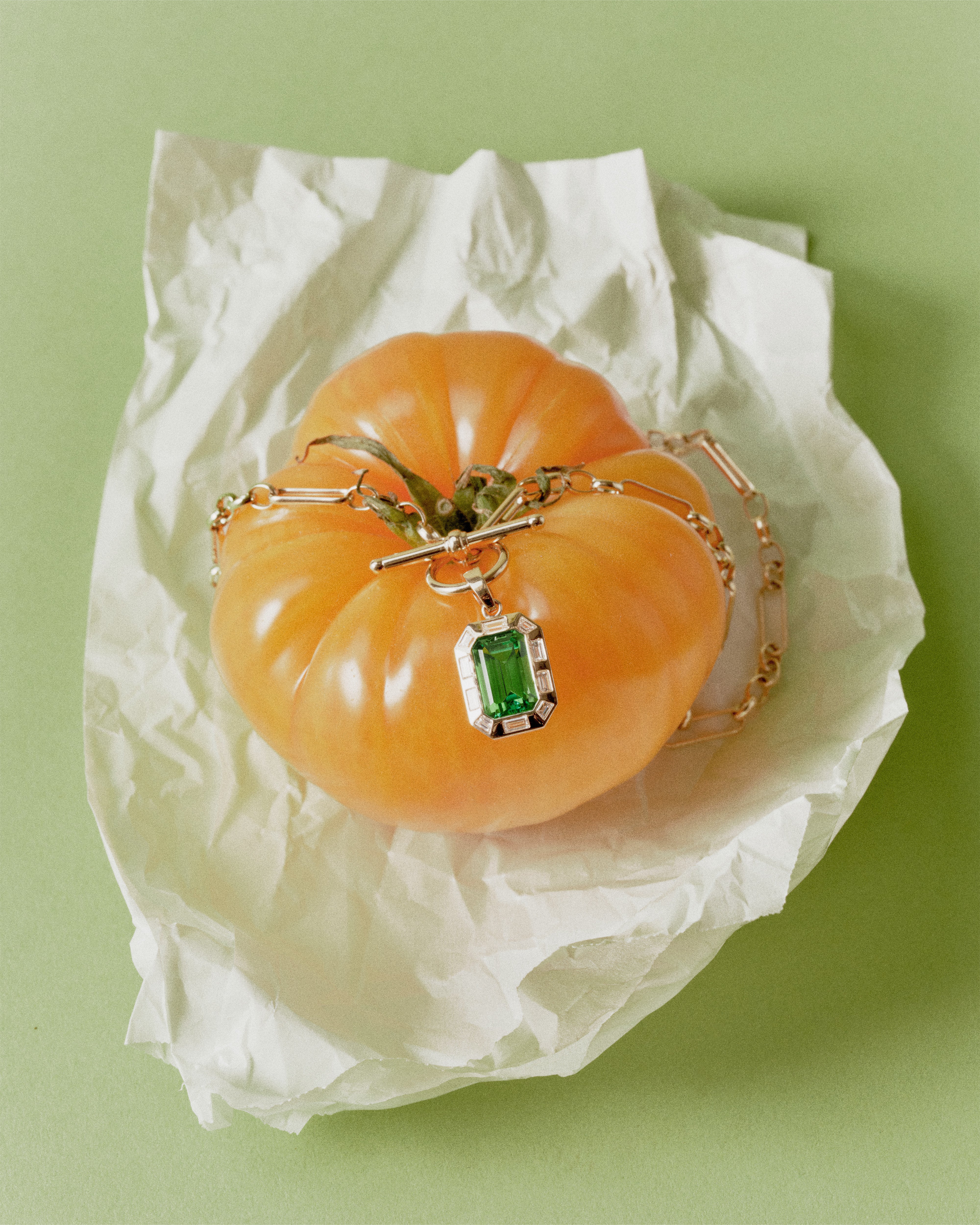 Green Tourmaline necklace. Green gemstone necklace. Big gemstone necklace. Diamond necklace. Green gemstone and diamond necklace. Gemstone necklace. T-bar necklace.