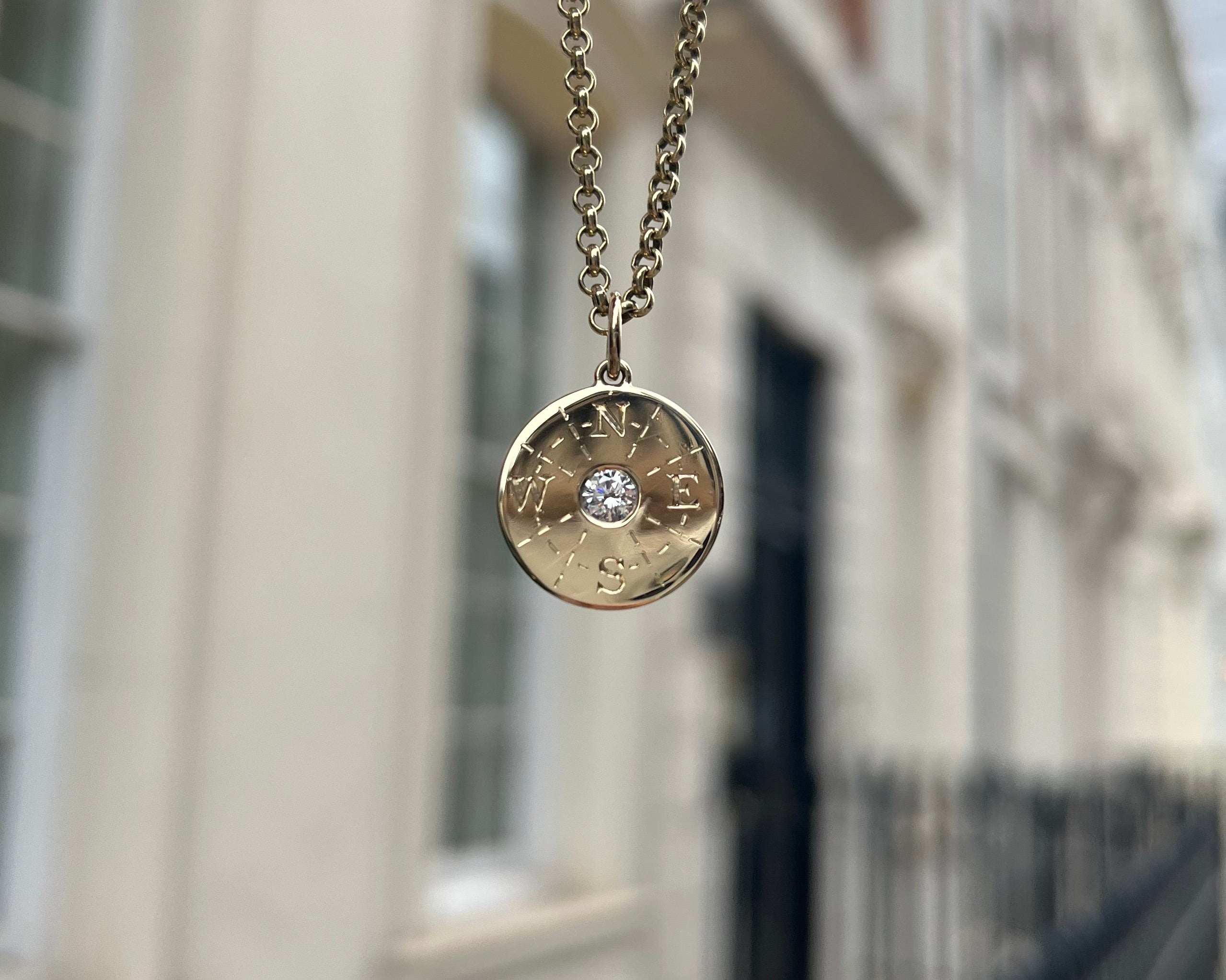 Compass pendant. Diamond pendant. Gold disc pendant. Engraved pendant. Solid gold disc pendant.