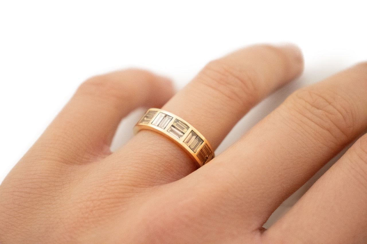 Brown Diamond Ring. Golden Diamonds. Brickwork Baguette Diamond Ring. Diamond ring. Diamond band. Gold and Diamond eternity ring. Brown Diamond eternity ring. Art Deco eternity ring. Gold diamond ring. Diamond wedding band.