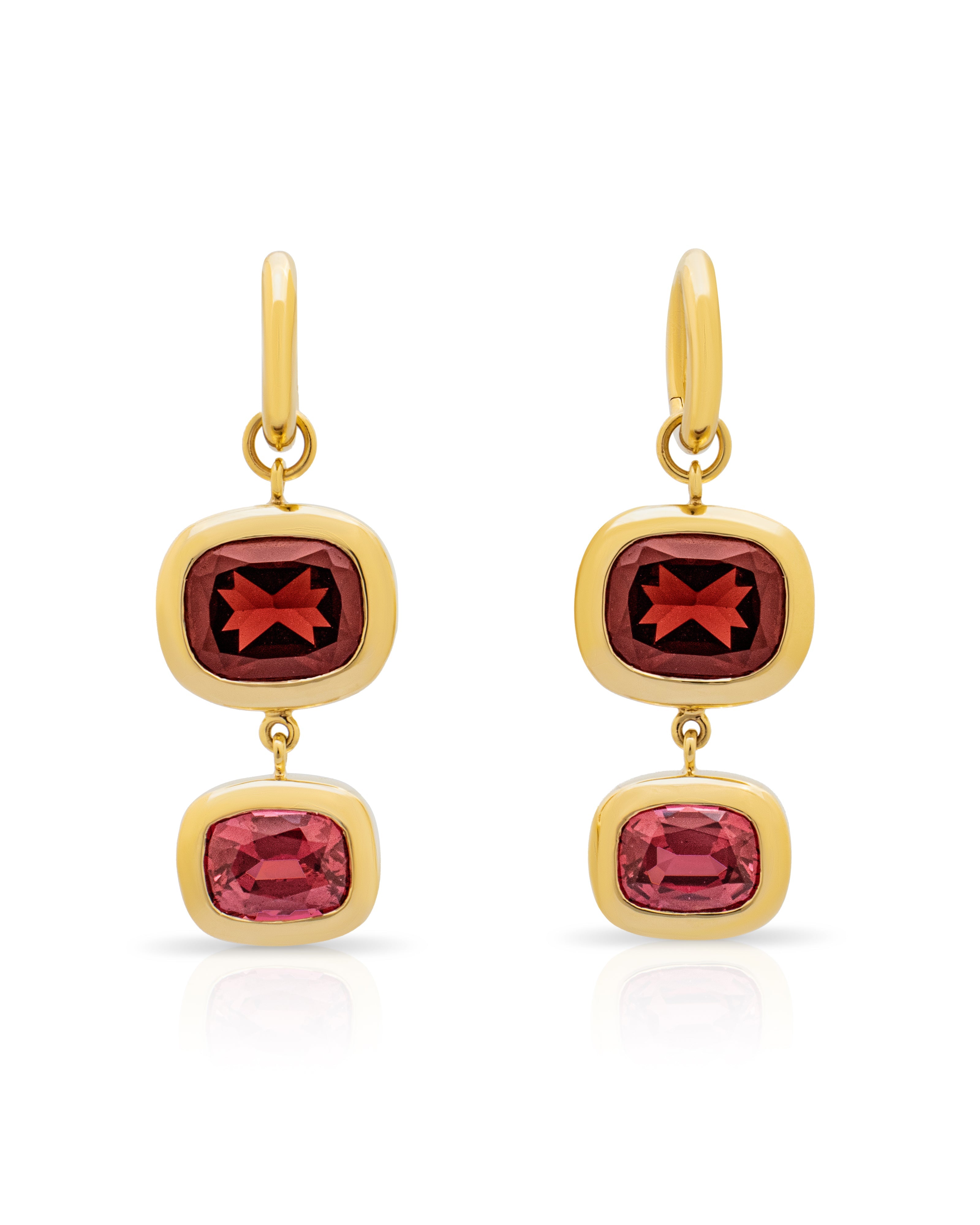 Mozambique Garnet and Rhodolite Garnet earrings. Red gemstone earrings. Pink gemstone earrings. Purple gemstone earrings. Big earrings. Statement earrings. Cocktail earrings. French 75 cocktail earrings. Cocktail jewellery. Double drop earrings.
