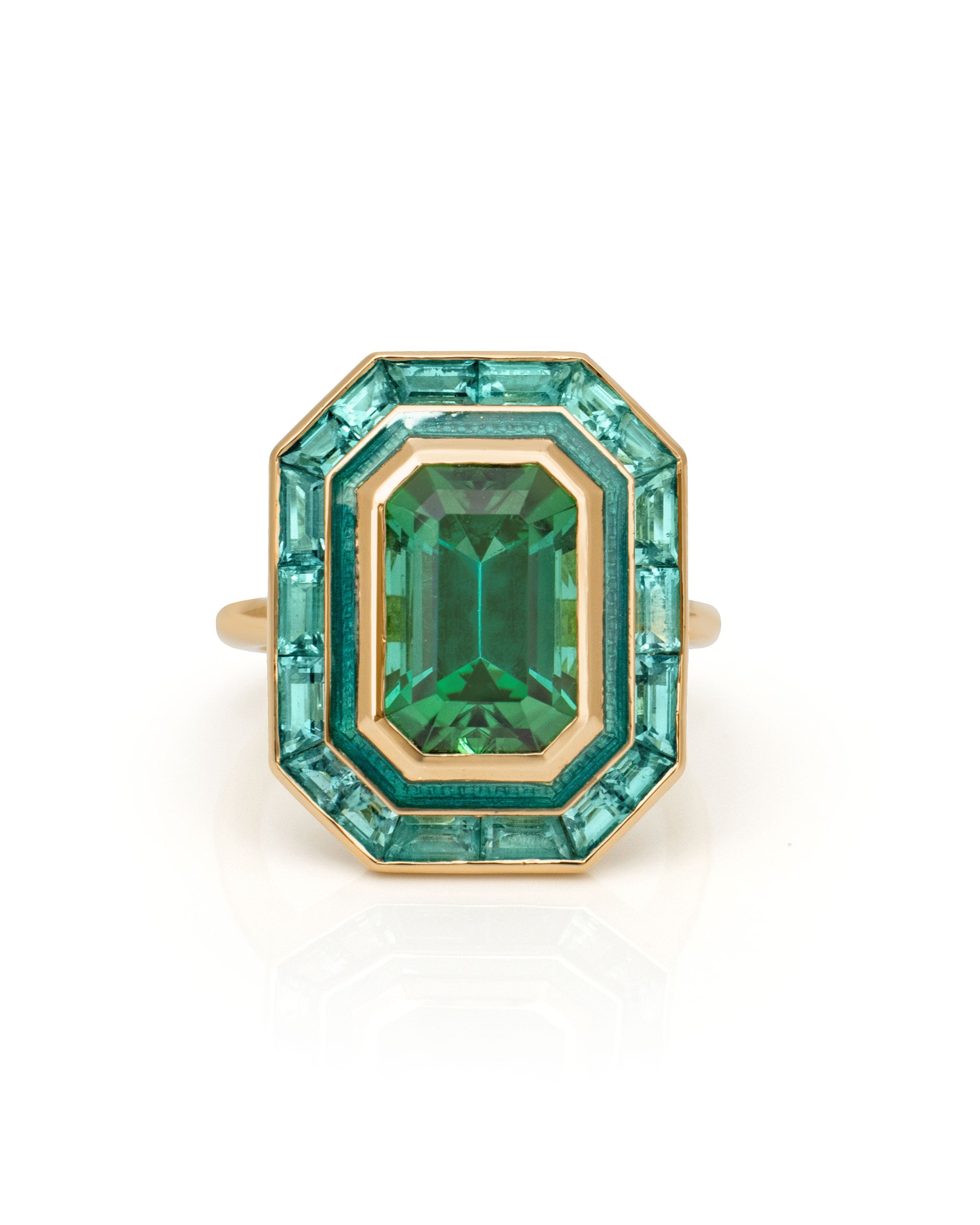 Lagoon green Tourmaline target ring. Enamel ring. Green gemstone ring. Tourmaline ring