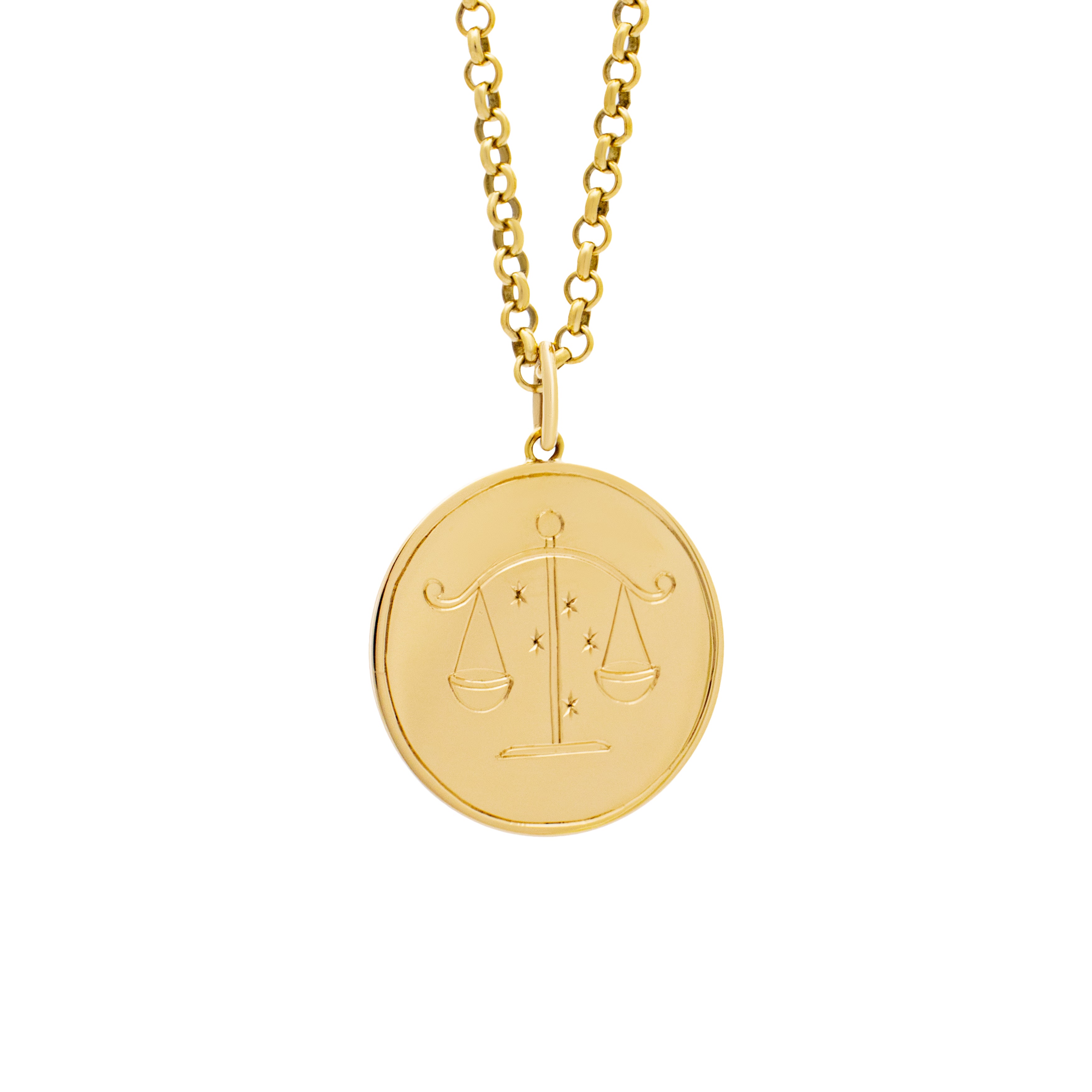 Libra jewellery. Libra pendant. Zodiac jewellery. Zodiac pendant. Star sign jewellery. Star sign pendant. Horoscope jewellery. Horoscope pendant. Gold disc pendant.