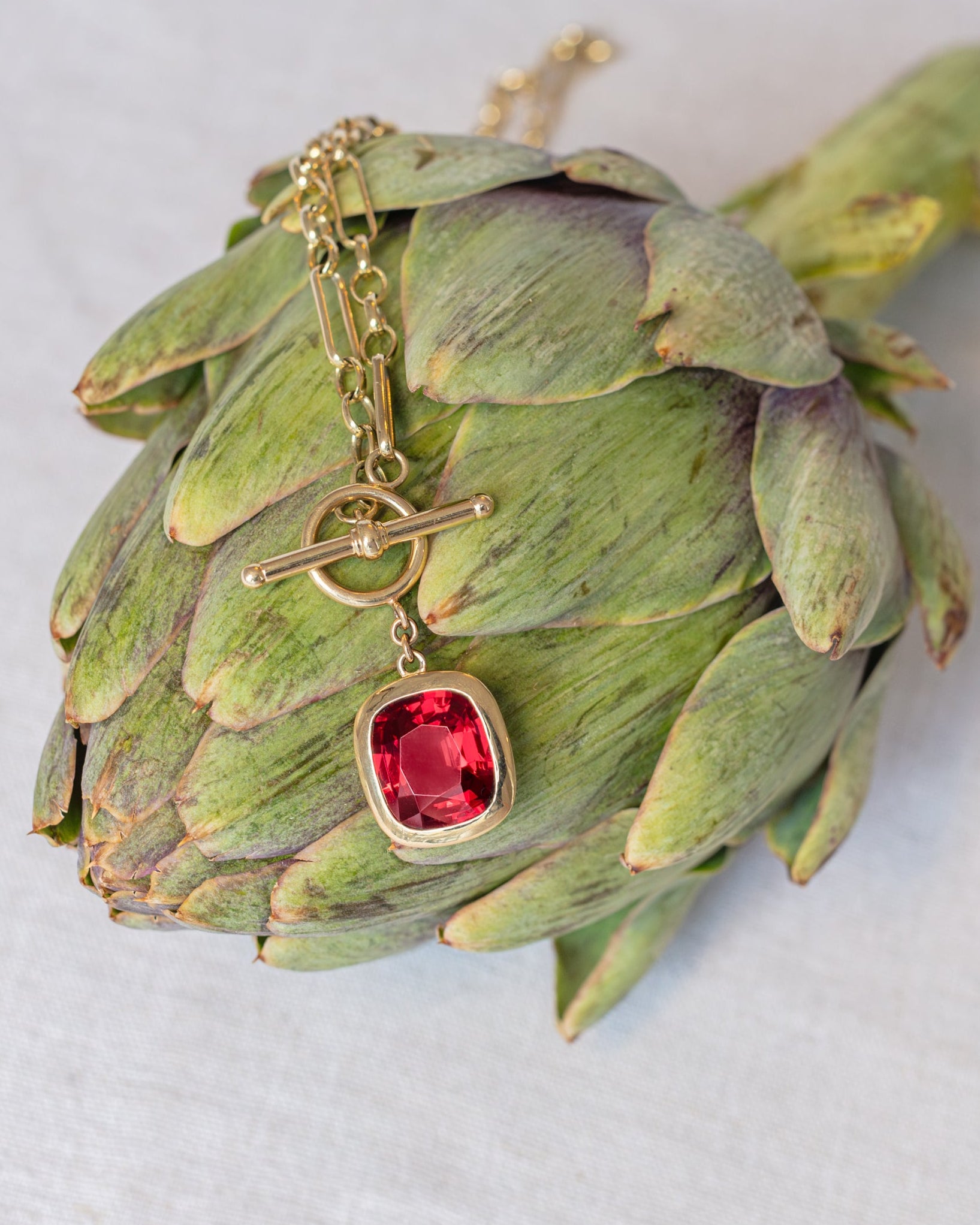 Red gemstone necklace. T-bar necklace. Garnet necklace. Big red gemstone