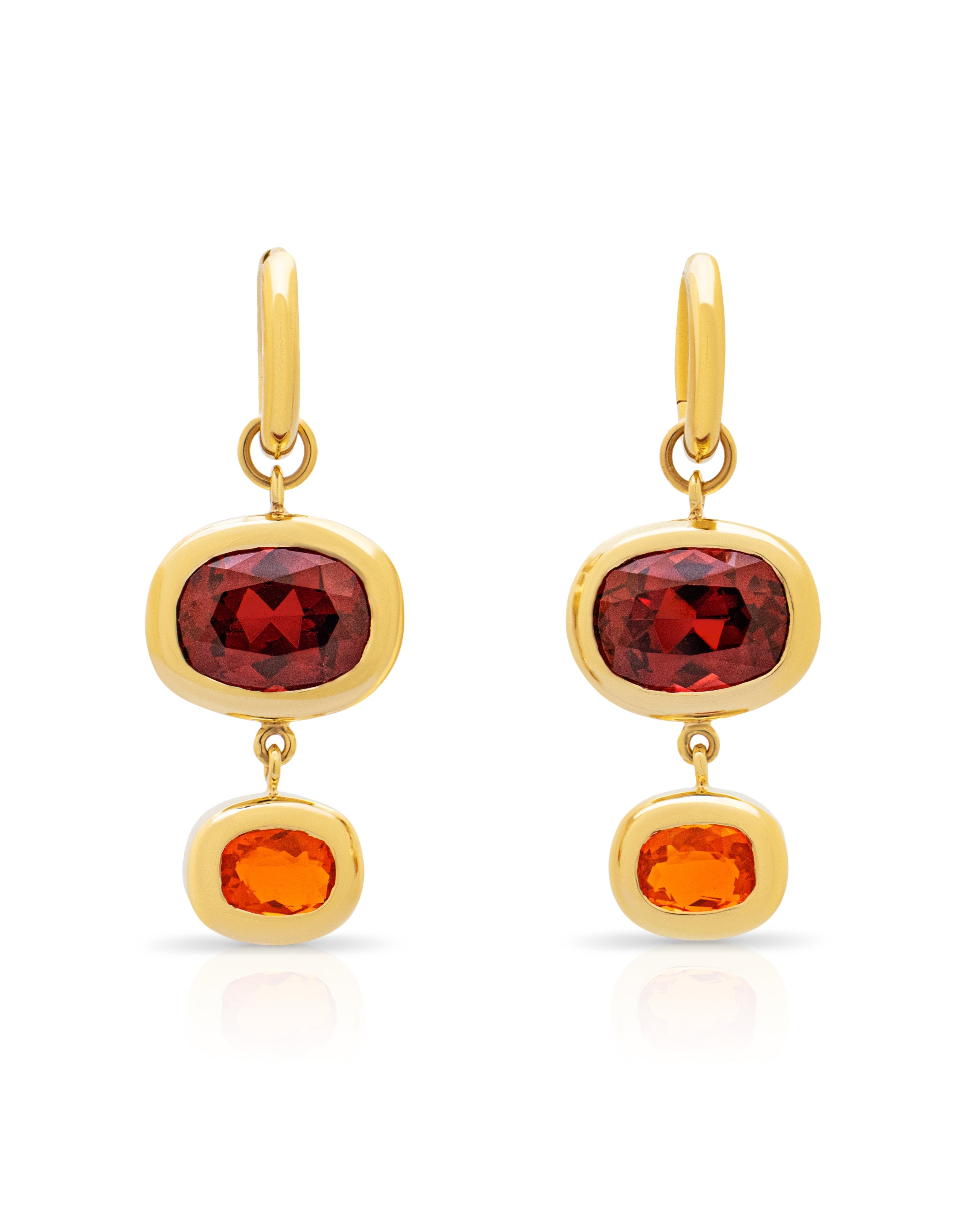 Garnet and fire opal earrings. Red gemstone earrings. Orange gemstone earrings. Big earrings. Statement earrings. Cocktail earrings. French 75 cocktail earrings. Cocktail jewellery. Double drop earrings.