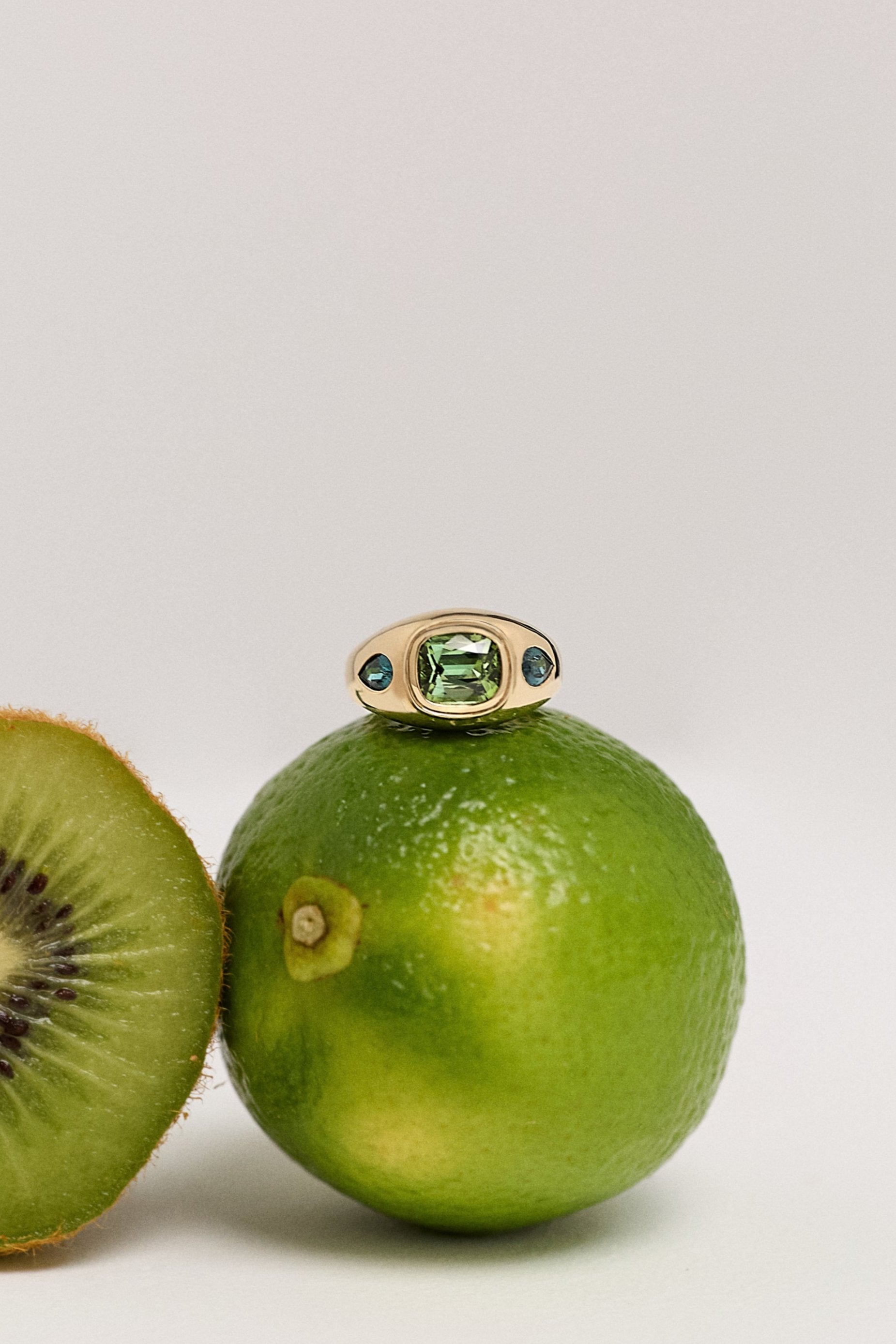 Green Tourmaline and teal Tourmaline Bombé Ring. Coloured Stone Ring. Bombé ring. Signet style ring. Gold ring. Chunky gold ring. Solid gold ring. Cocktail ring.