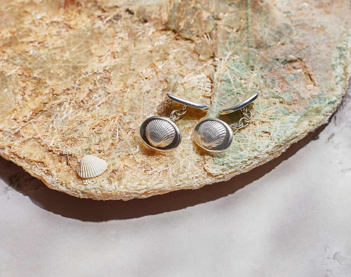 Old Hunstanton cufflinks. Old Hunstanton, Norfolk. Norfolk jewellery. Shell jewellery. Silver shell jewellery. Those Happy Places. Men's cufflinks. Men's accessories.