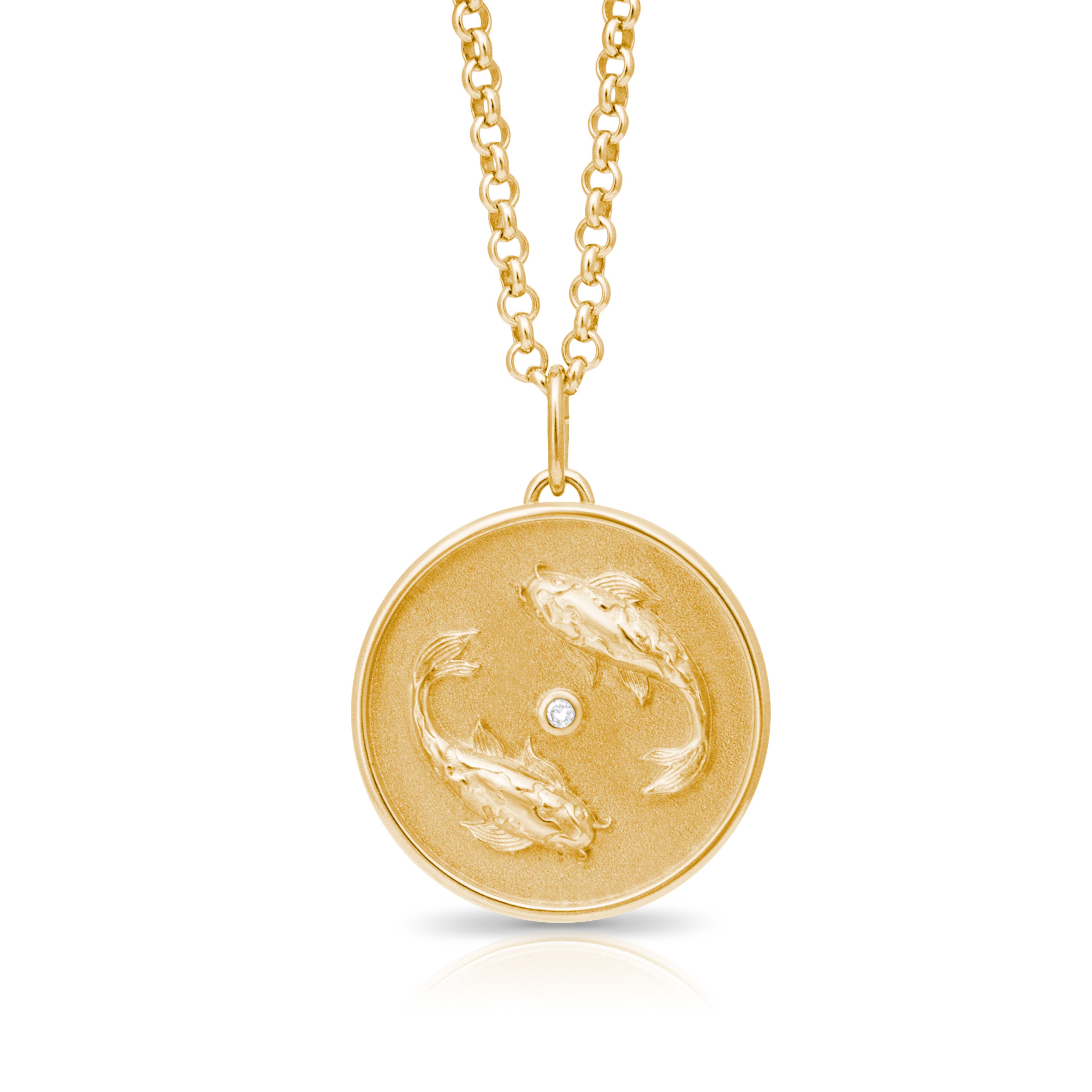Pisces Zodiac pendant. Pisces Zodiac necklace. Birthstone pendant. Birthstone jewellery. Medallion. Gold zodiac pendant. Solid gold and Diamond pendant. Disc pendant. Gold disc pendant.