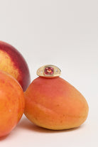 Red Spinel and Diamond Bombé Ring. Diamond Ring. Coloured Stone Ring. Bombé ring. Signet style ring. Gold ring. Chunky gold ring. Solid gold ring. Cocktail ring.