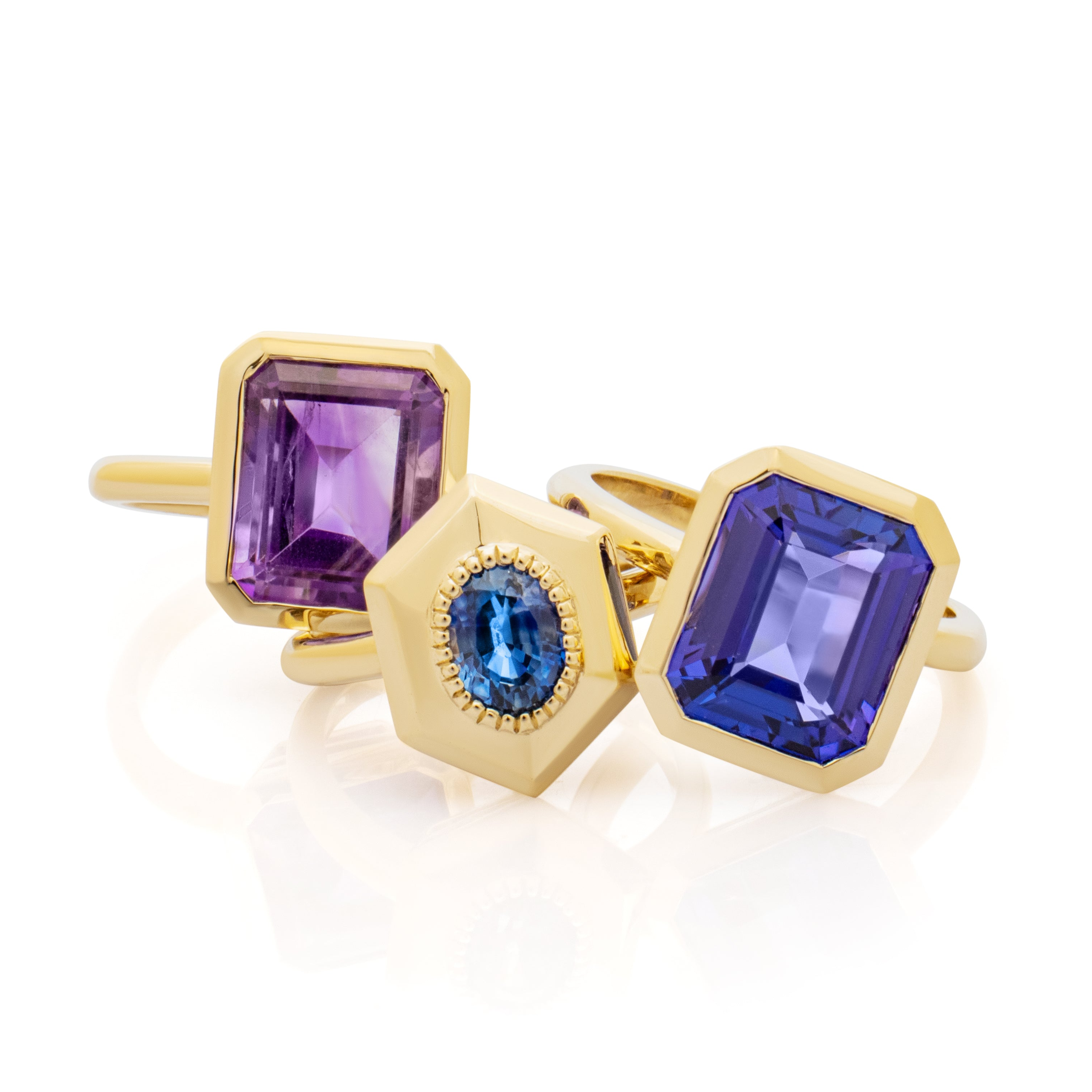 Tanzanite ring. Amethyst ring. Sapphire ring. Hexagon ring. Bespoke rings. Bespoke ring designer. Old jewellery redesign. Jewellery recycling. Jewellery upcycling. Repurpose jewellery.