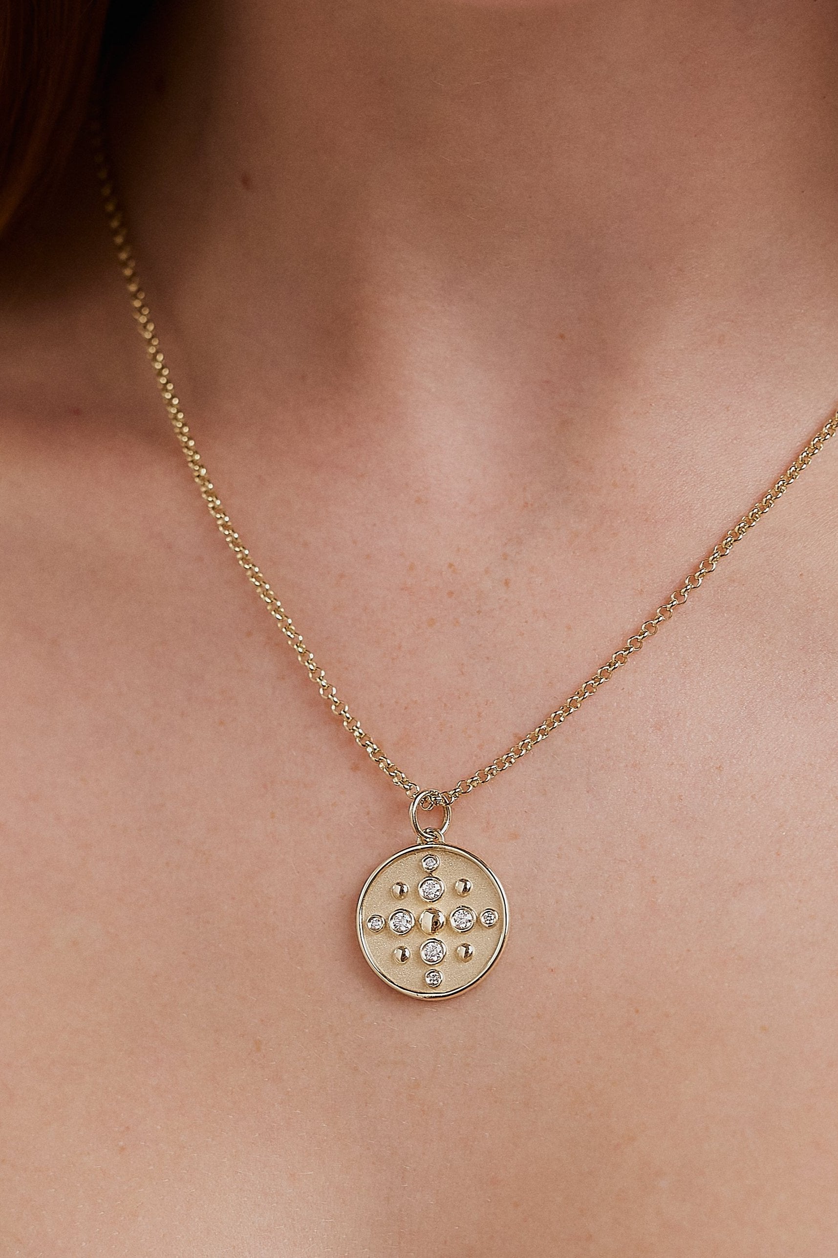 Seasons Medallion. Medallion pendant. Gold medallion. Diamond medallion. Solid gold and diamond pendant. Diamond disc pendant. Gold disc pendant.