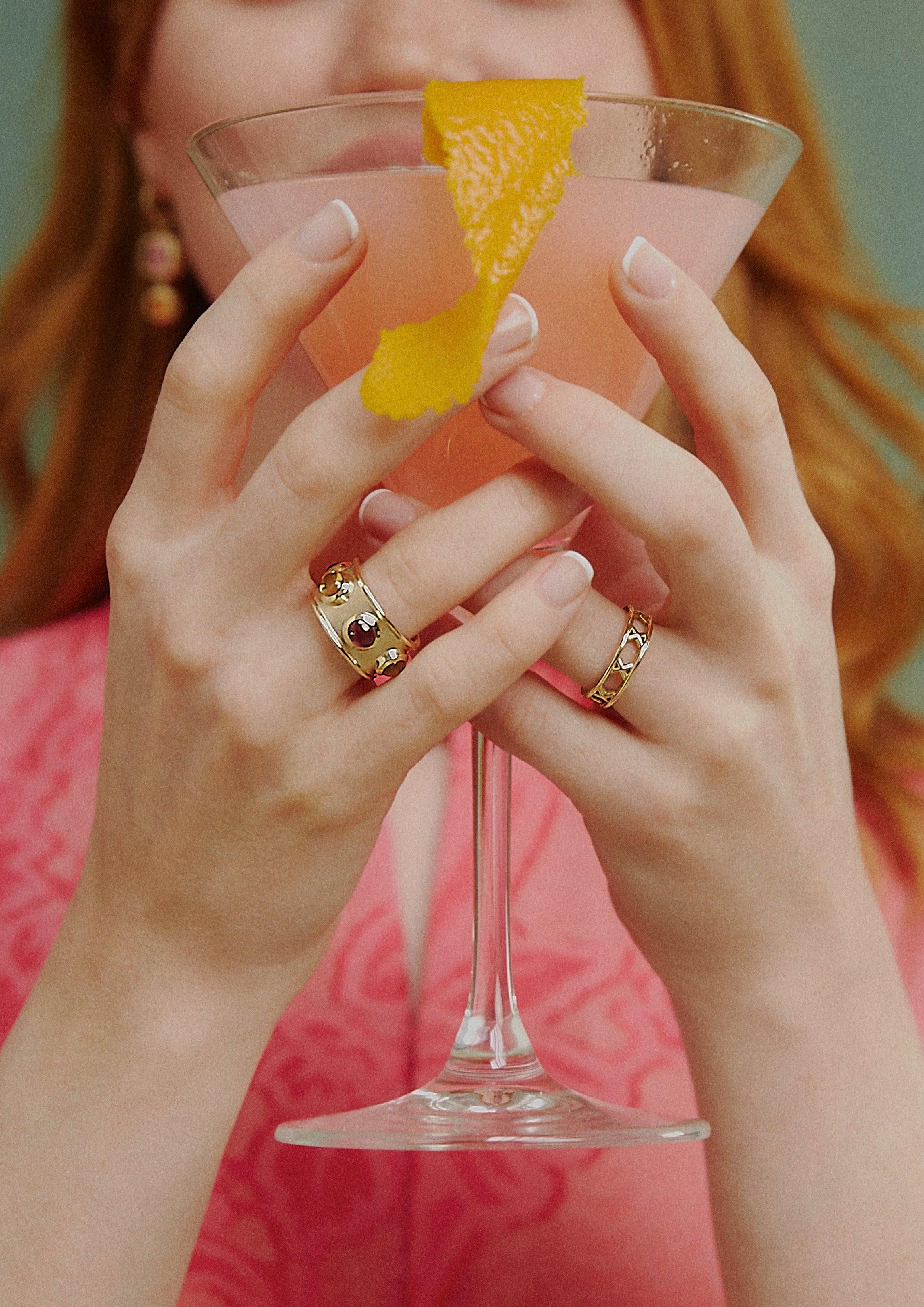 Pink tourmaline and citrine ring. Cabochon ring. Solid gold ring. Elizabethan style ring. Gemstone ring.
