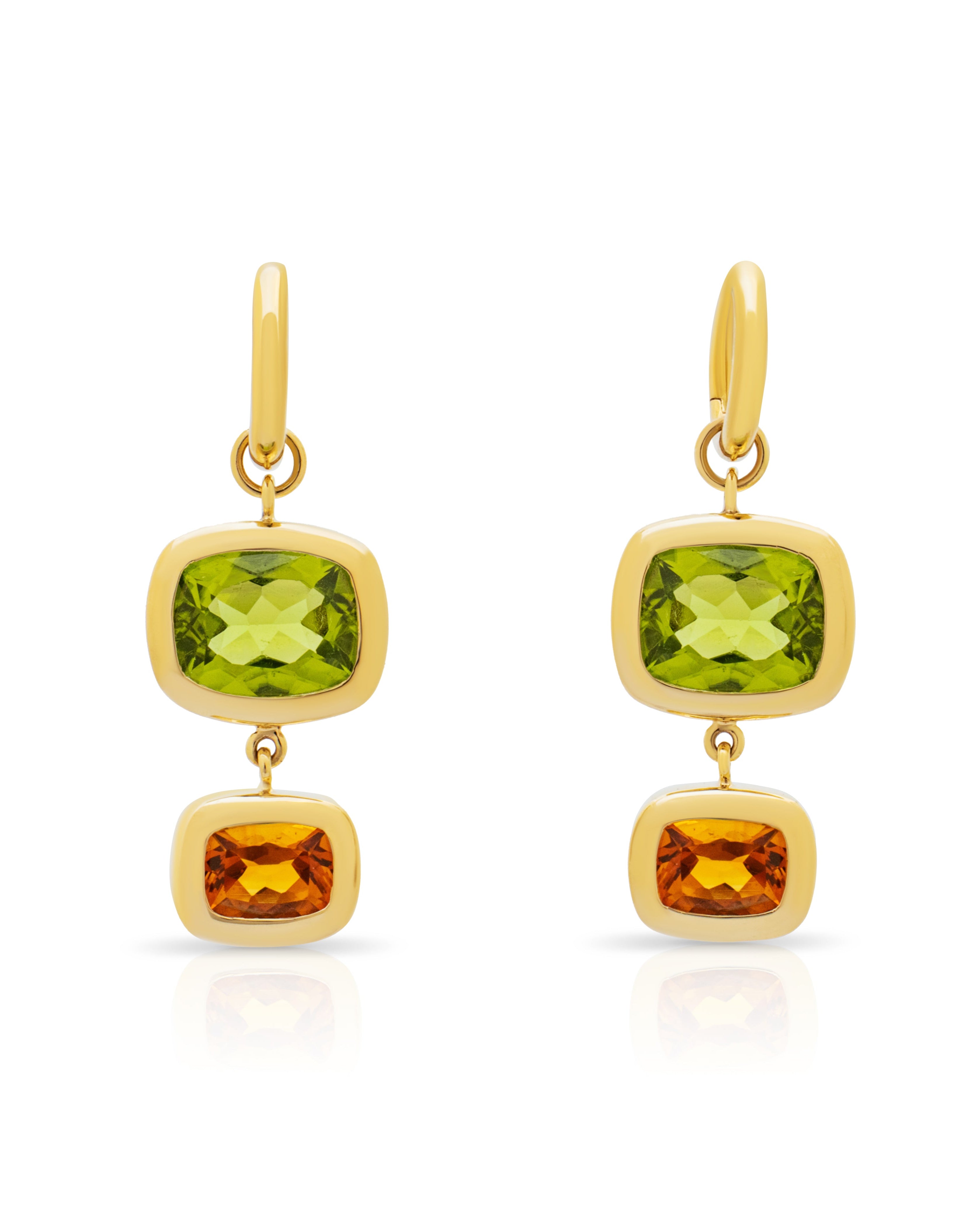 Peridot and Madeira Citrine earrings. Green gemstone earrings. Orange gemstone earrings. Big earrings. Statement earrings. Cocktail earrings. French 75 cocktail earrings. Cocktail jewellery. Double drop earrings.