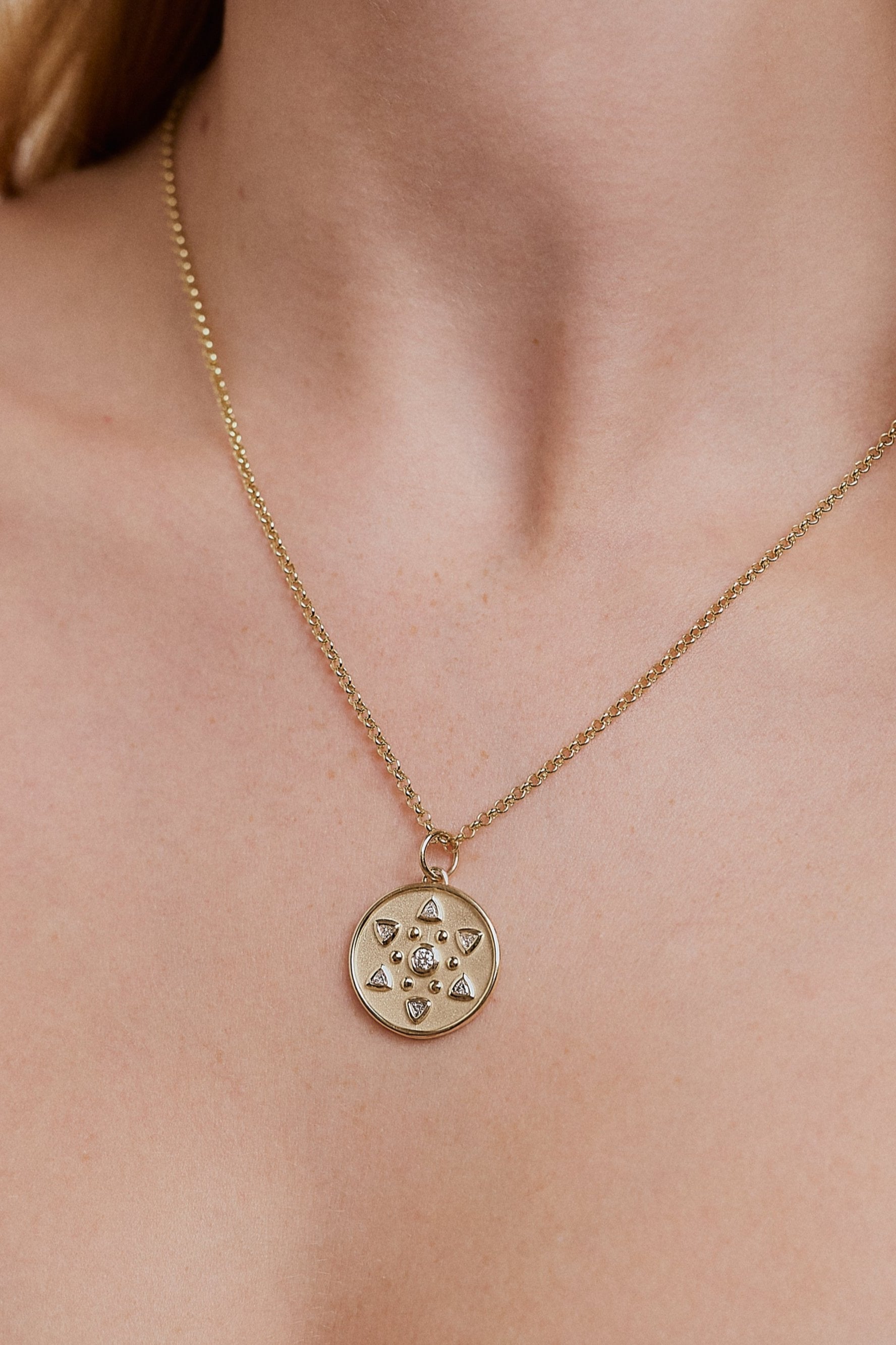Sun Medallion. Medallion pendant. Gold medallion. Diamond medallion. Solid gold and diamond pendant. Diamond disc pendant. Gold disc pendant.