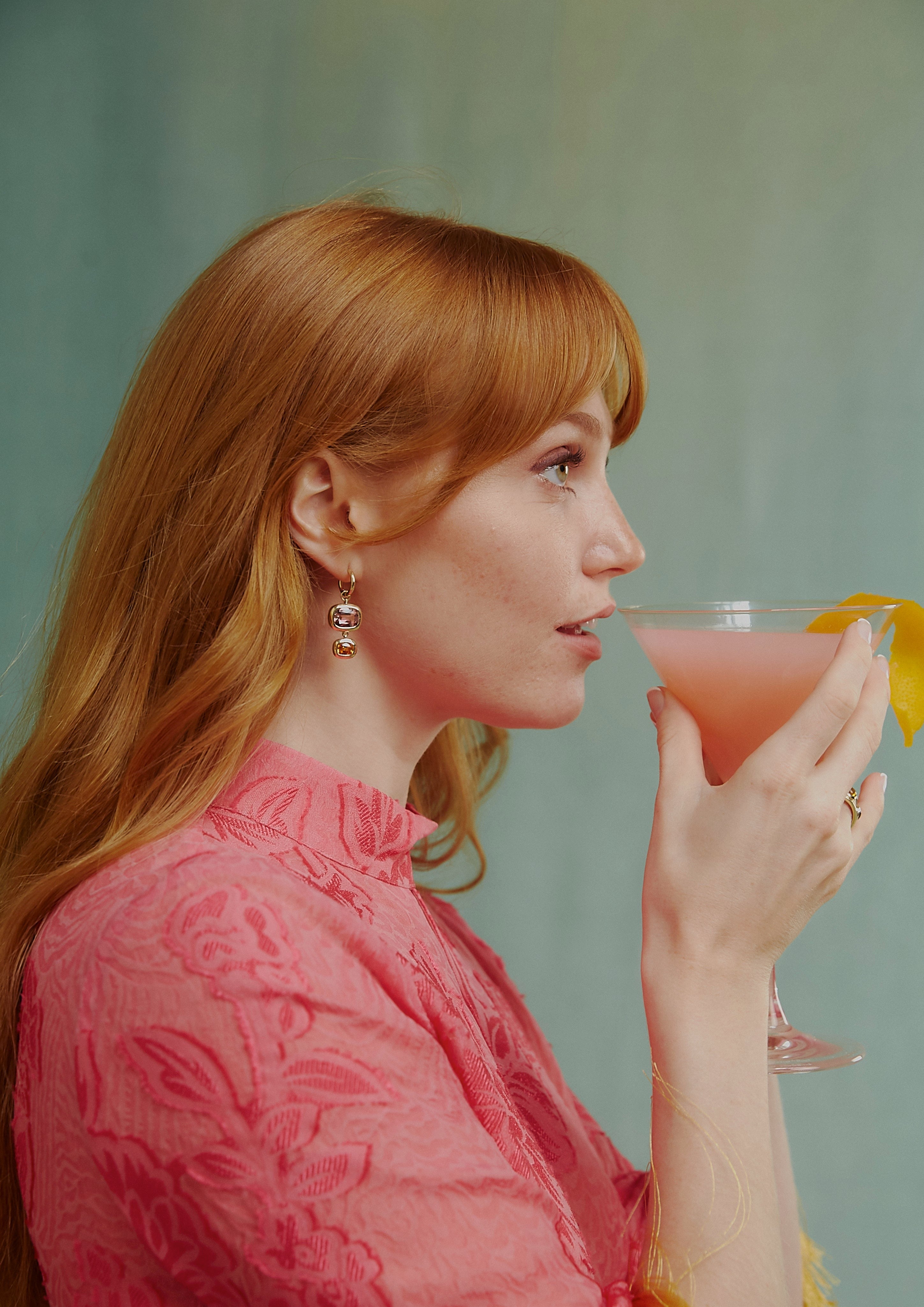 Cosmopolitan earrings. Cocktail earrings. Colourful gemstone earrings. Pink tourmaline earrings. Spessartite garnet earrings. Pink and orange gemstone earrings. Gemstone drop earrings. Solid gold earrings.